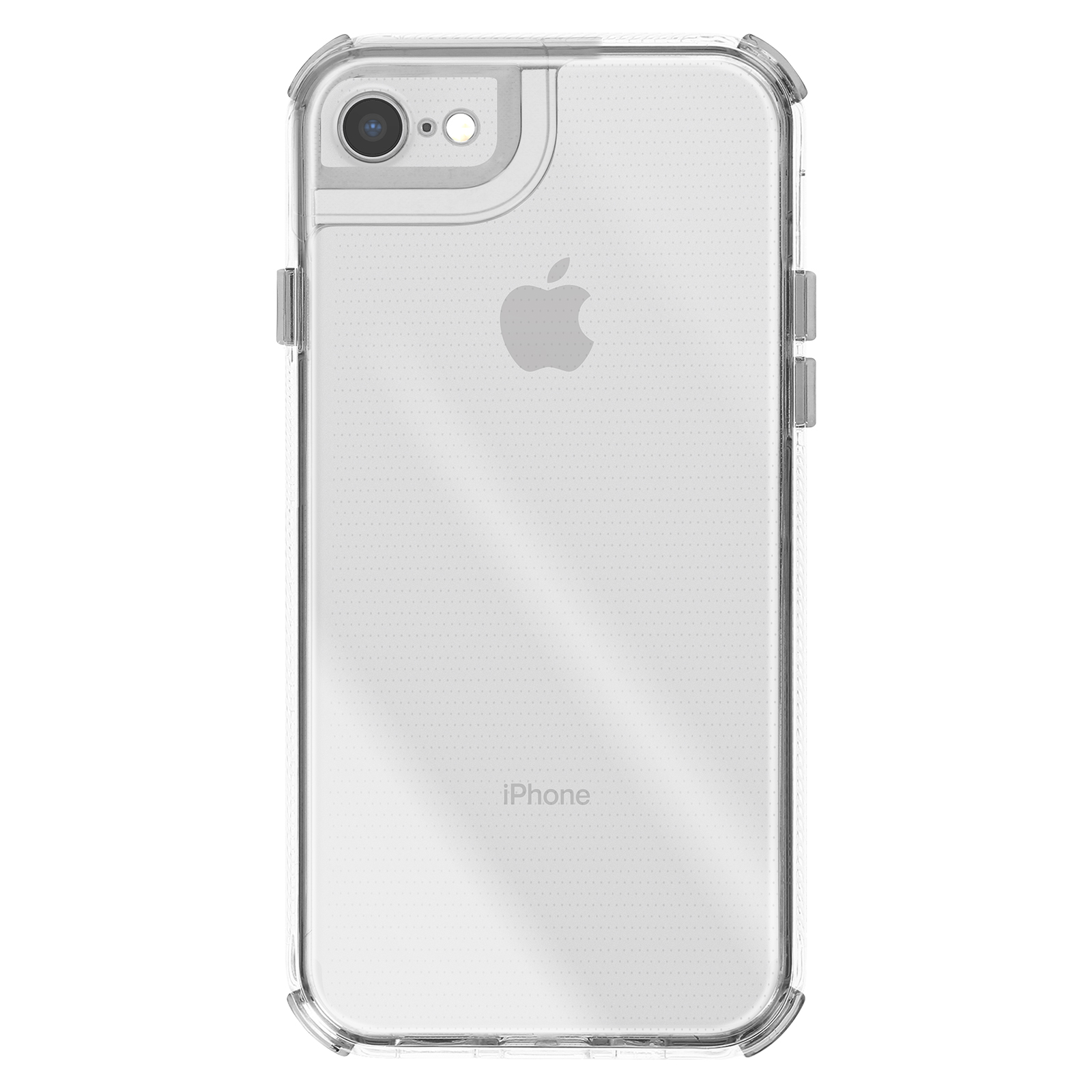 Ein iPhone in einer durchsichtigen Schutzhülle. Das Apple-Logo ist sichtbar. Die Hülle hat erhöhte Ecken zum Schutz.