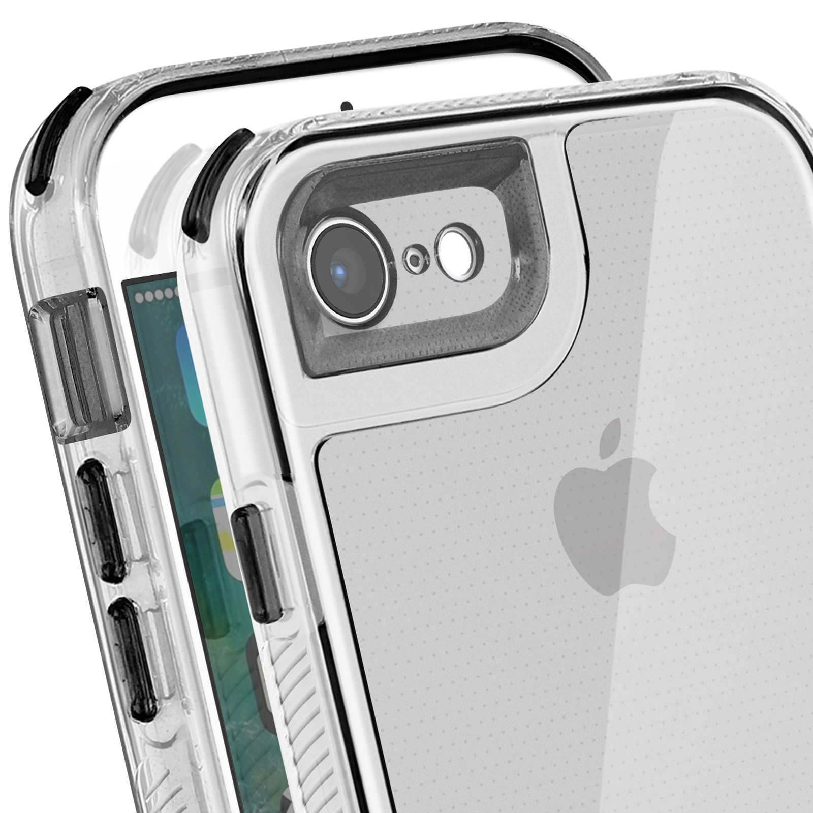 Eine transparente Handyhülle mit einem iPhone darin. Die Hülle hat einen Kameraausschnitt und ein Apple-Logo. Der Bildschirm ist sichtbar.