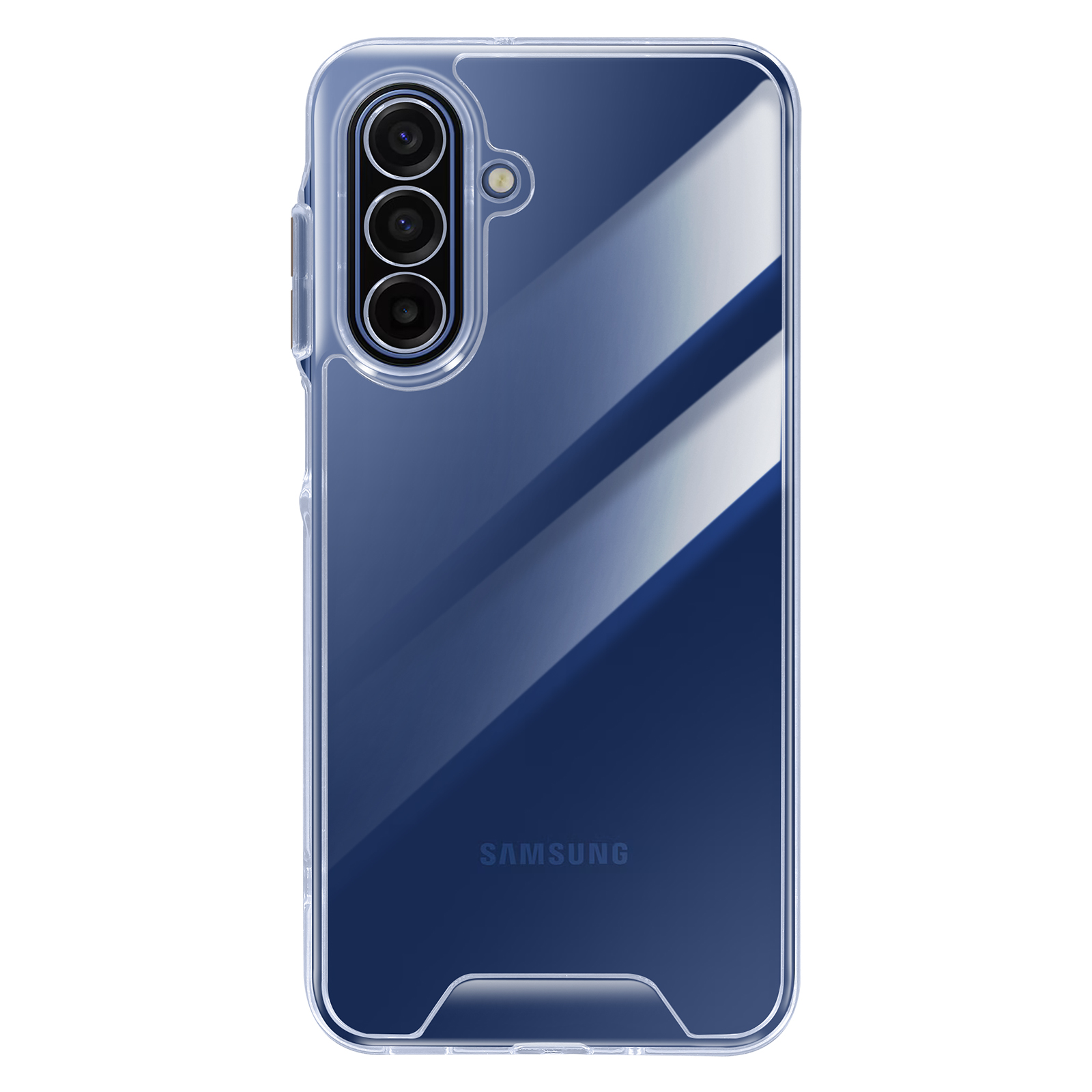 Custodia trasparente. Tre lenti della fotocamera in alto. Logo Samsung in basso. Sfondo blu.