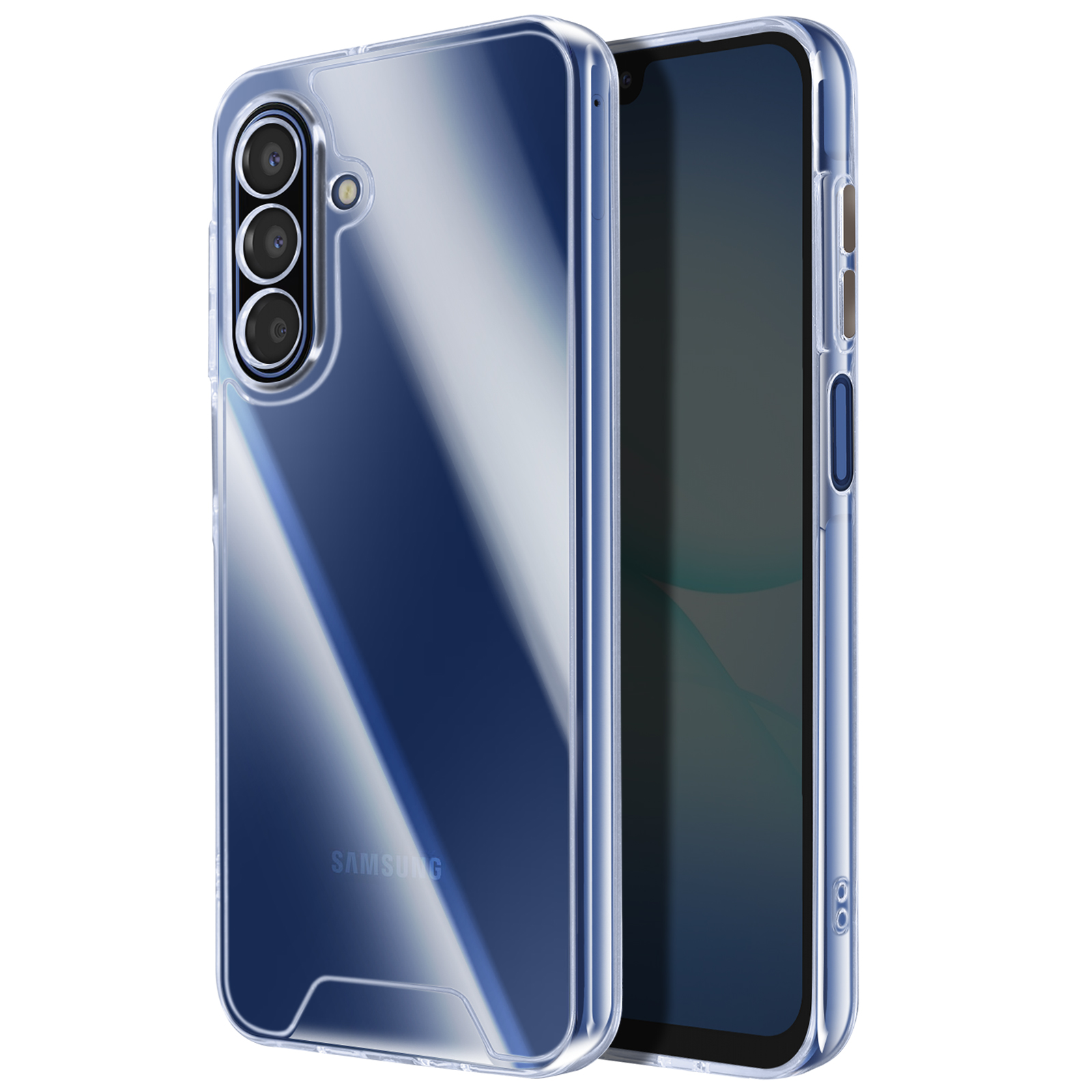 Una custodia trasparente protegge uno smartphone. Lo schermo del telefono è scuro e la custodia ha ritagli per la fotocamera.