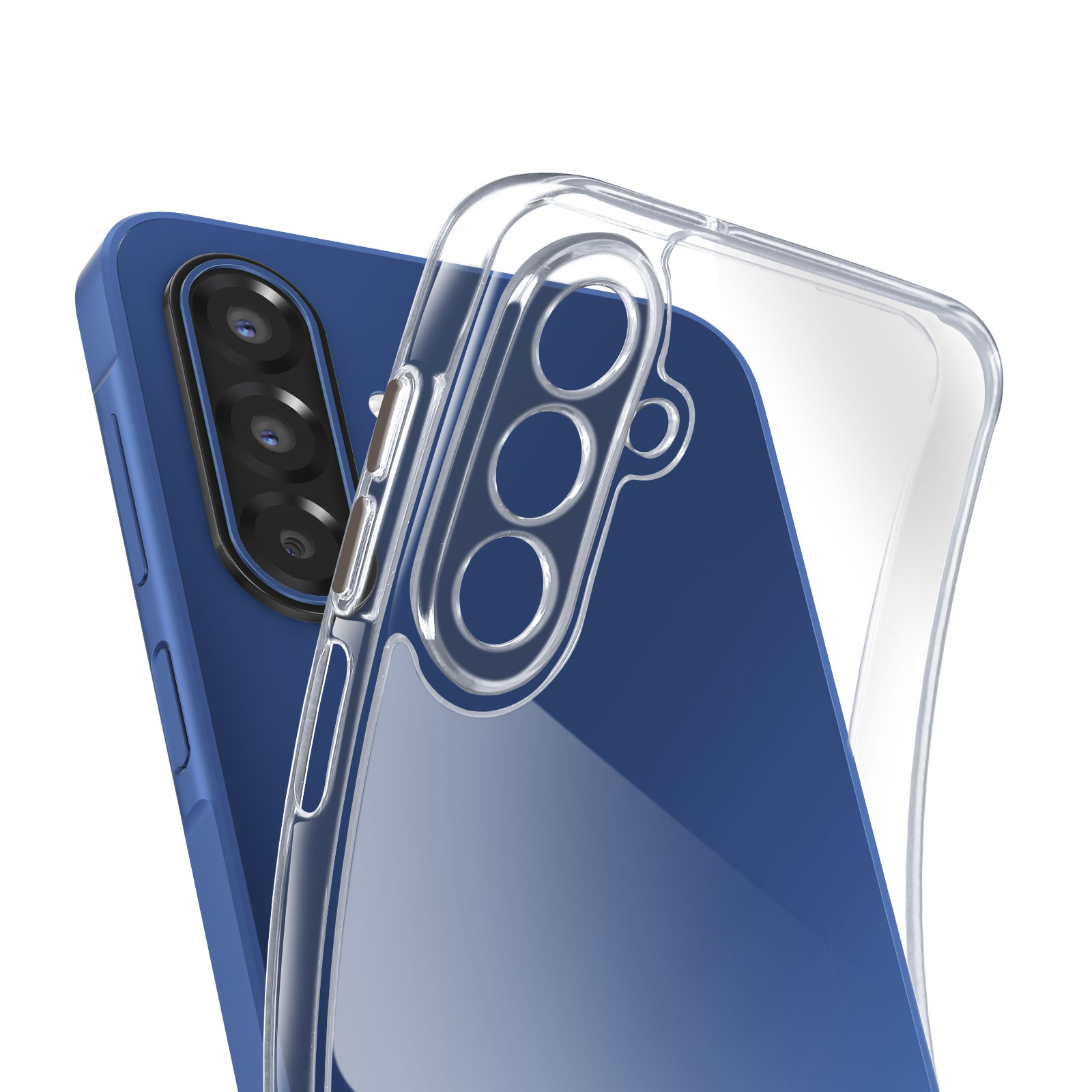Un telefono blu con una custodia trasparente è mostrato. La custodia copre parzialmente il telefono, con la fotocamera visibile.