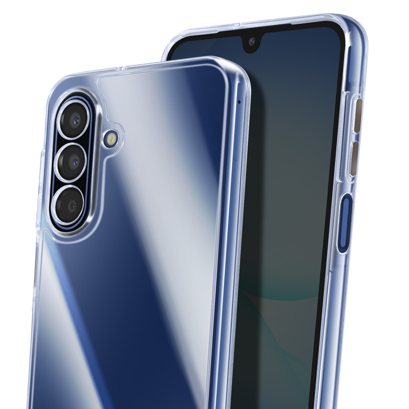 Due custodie trasparenti per telefono, una con tre obiettivi. Visibile un telefono con schermo nero.