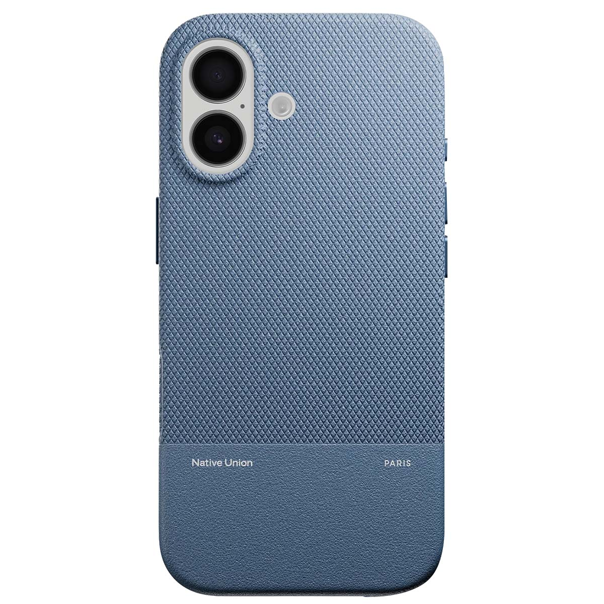 Una custodia blu per telefono con ritaglio per fotocamera, superficie strutturata e le parole 'Native Union' e 'PARIS' visibili.
