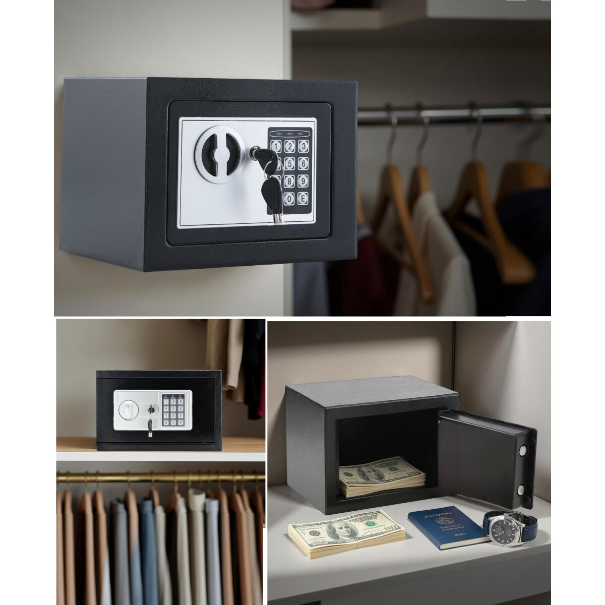 Ein schwarzer Safe mit Tastatur und Schlüssel ist geöffnet. Im Inneren ist Geld zu sehen. Weitere Bilder zeigen den Safe geschlossen und in verschiedenen Umgebungen.