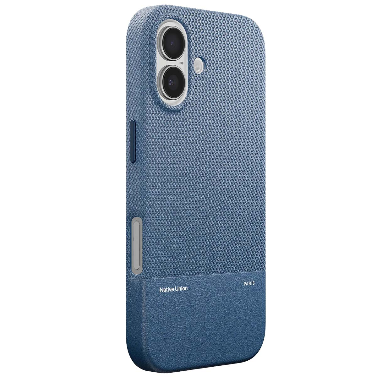 Una custodia blu per telefono con una metà superiore strutturata e una metà inferiore liscia. Con due obiettivi e il logo Native Union.