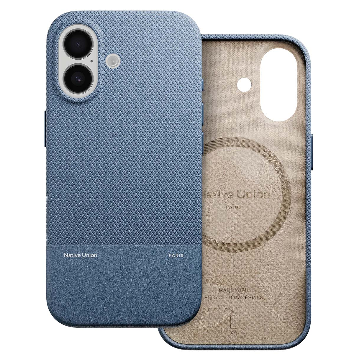 Una custodia blu per telefono è aperta, rivelando l'interno. La custodia ha una parte superiore strutturata e una inferiore liscia.