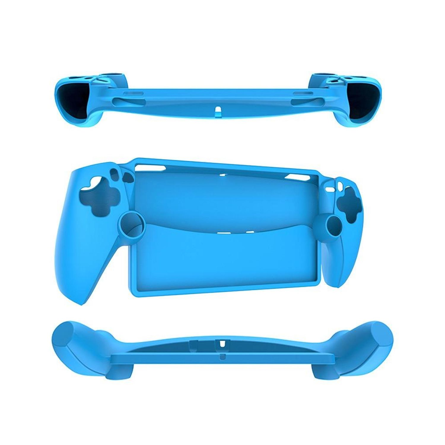 Tres vistas de una funda azul para mando de juegos. La funda tiene aberturas para botones y una pantalla, y un agarre a cada lado.