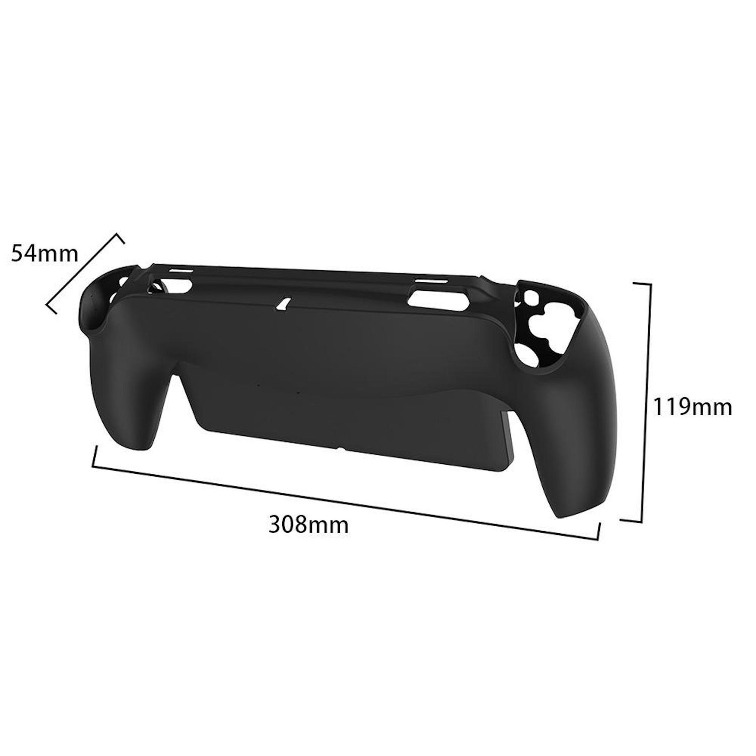 Un accesorio negro para controlador de juegos con dimensiones: 54 mm, 119 mm y 308 mm, sobre un fondo blanco.