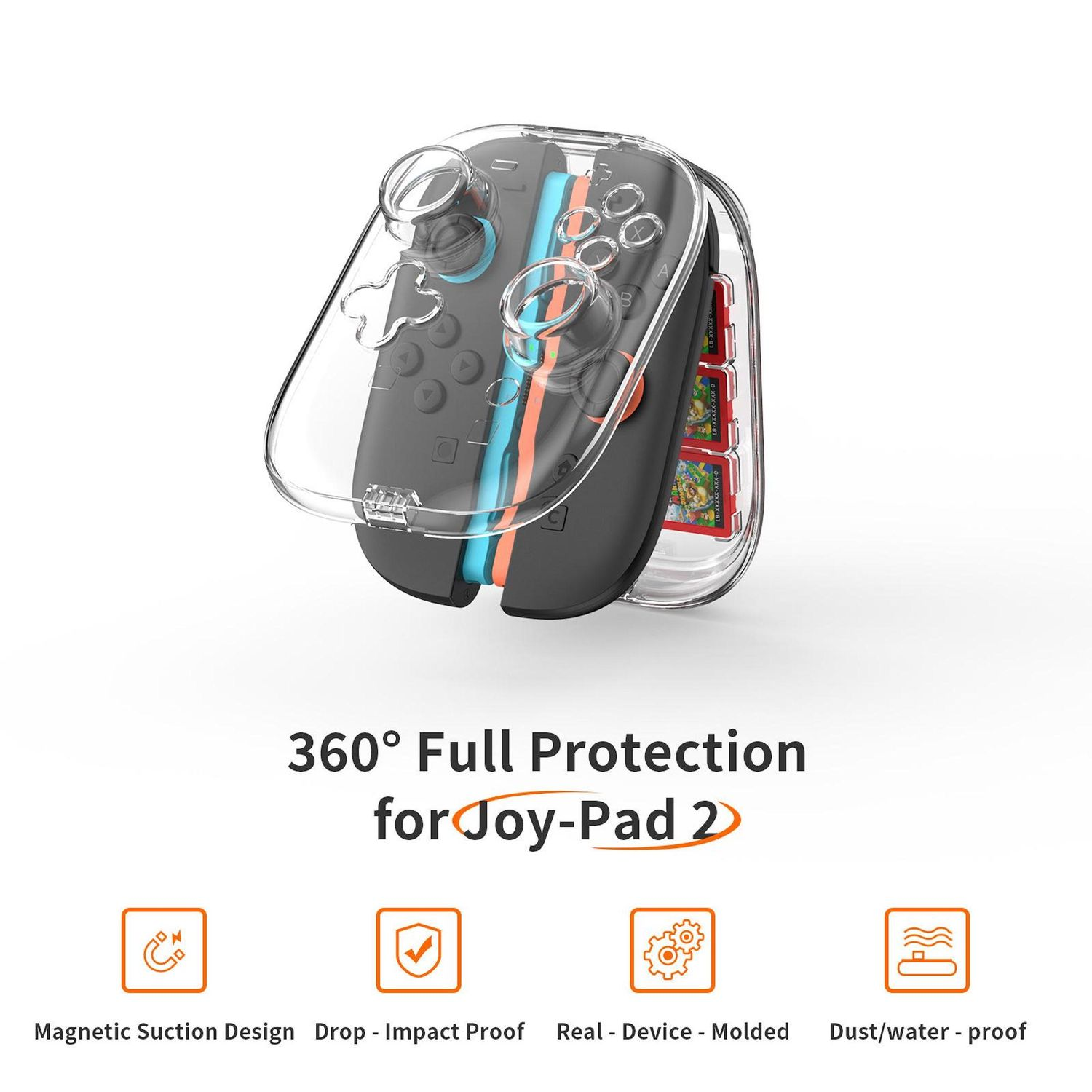 Un controlador Joy-Pad 2 en una funda protectora transparente. La funda tiene un diseño magnético y es a prueba de impactos. El controlador es negro con acentos de color.