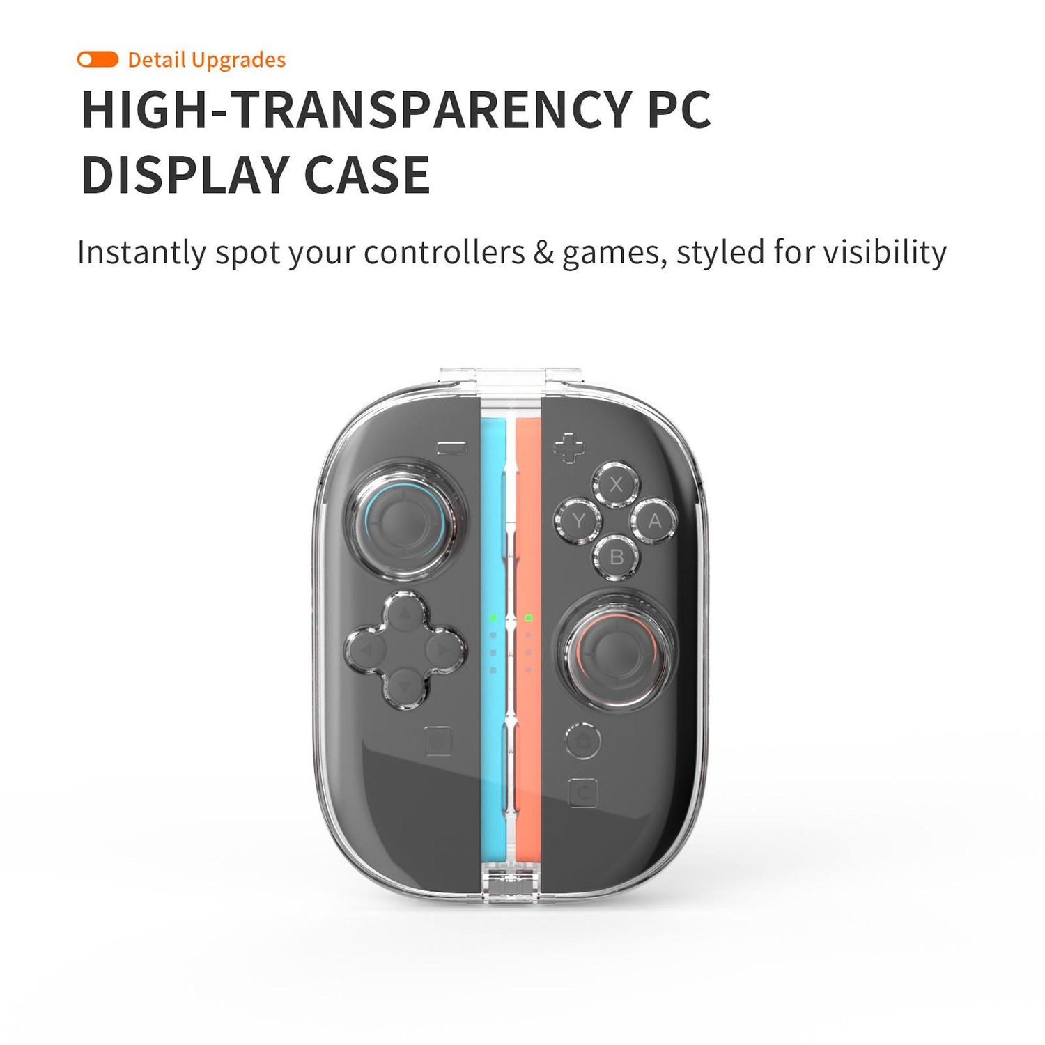 Una funda transparente para mostrar un mando de juegos. La funda tiene detalles en naranja y azul. Texto: HIGH-TRANSPARENCY PC DISPLAY CASE.