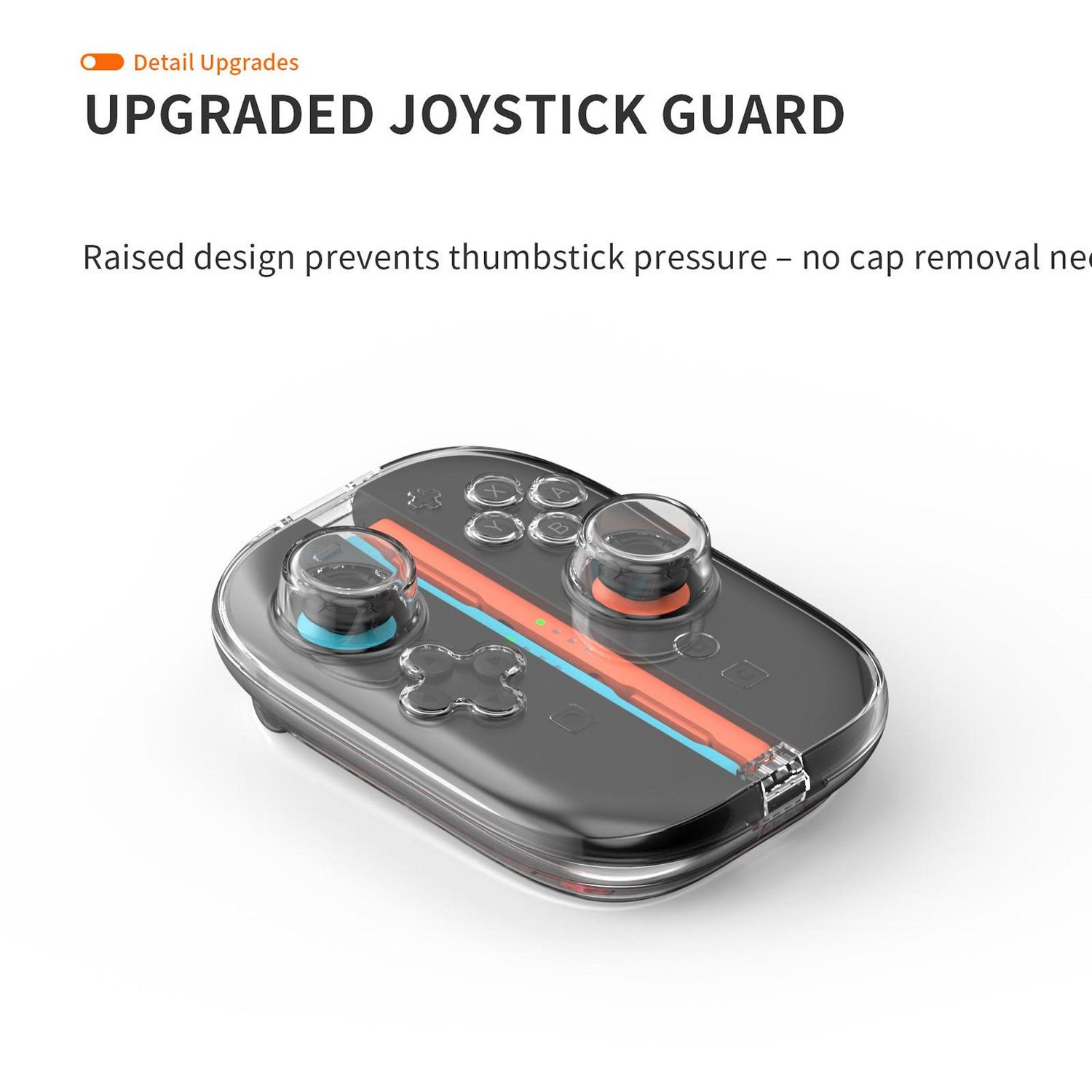 Un protector de joystick con dos palancas, un área de botones central y una cubierta transparente. Es un diseño negro y naranja.