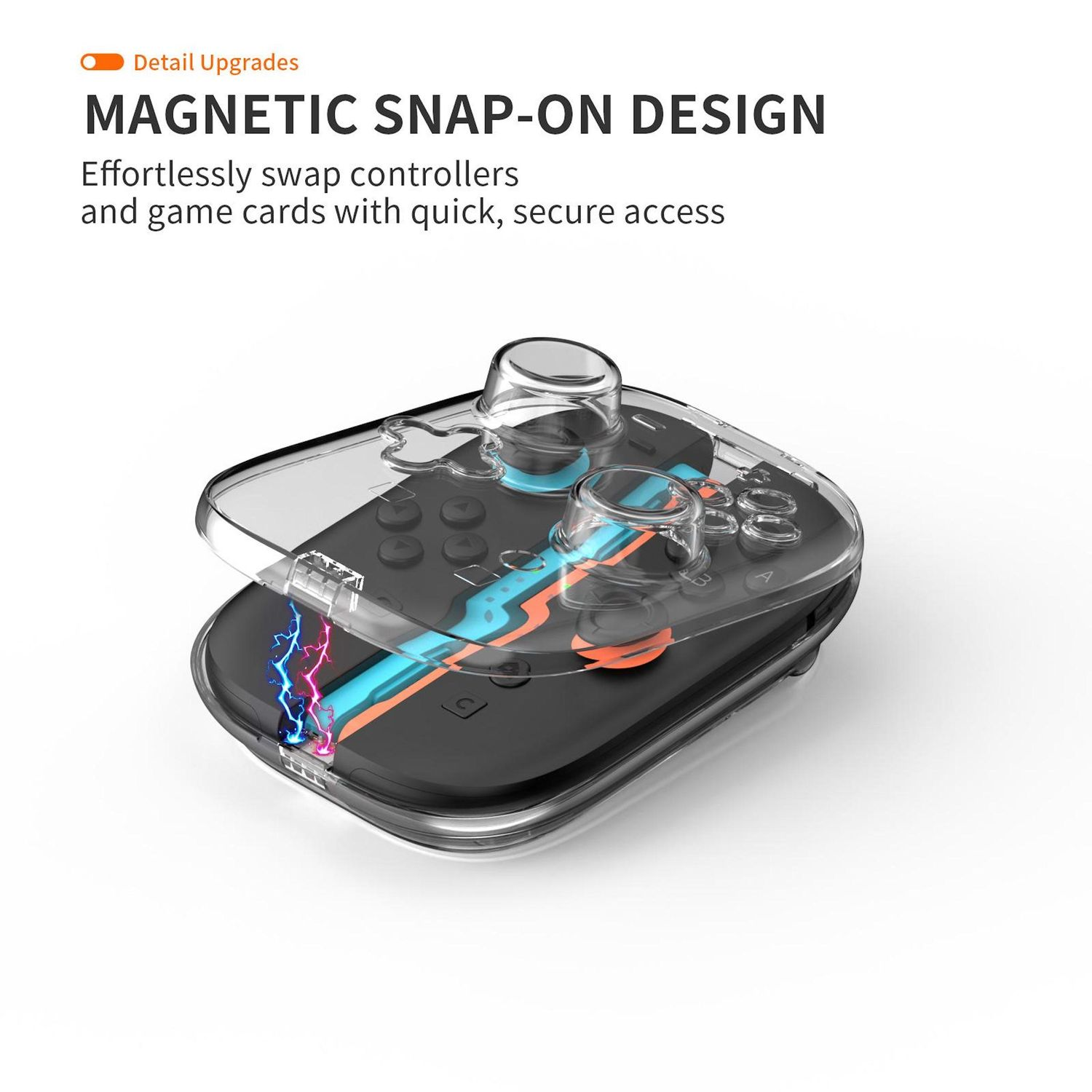 Un controlador de juegos negro con una cubierta transparente, con detalles en naranja y azul. El texto dice 'MAGNETIC SNAP-ON DESIGN'.