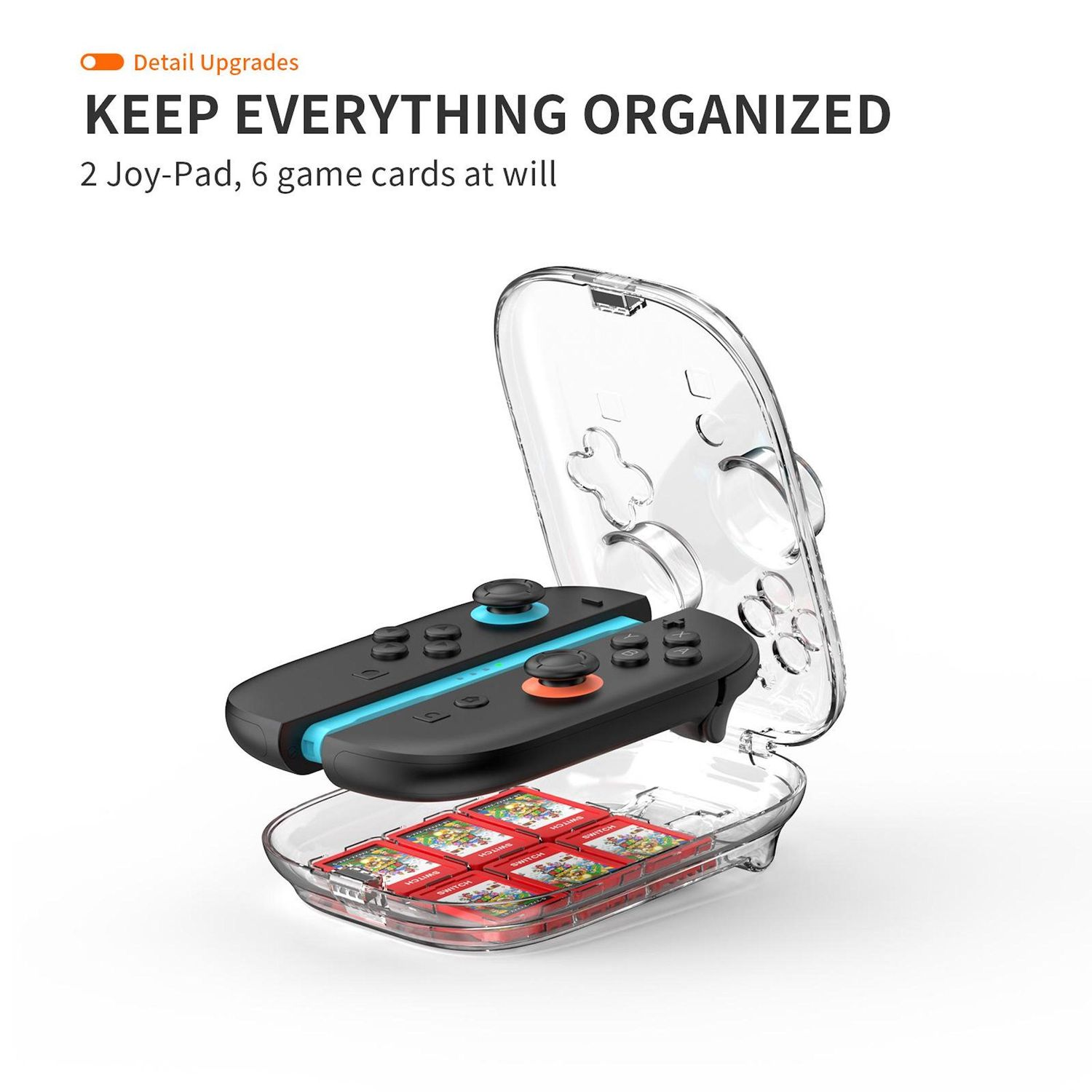 Una funda transparente contiene dos Joy-Cons negros y seis tarjetas de juego. El texto superior dice: Mantén todo organizado.