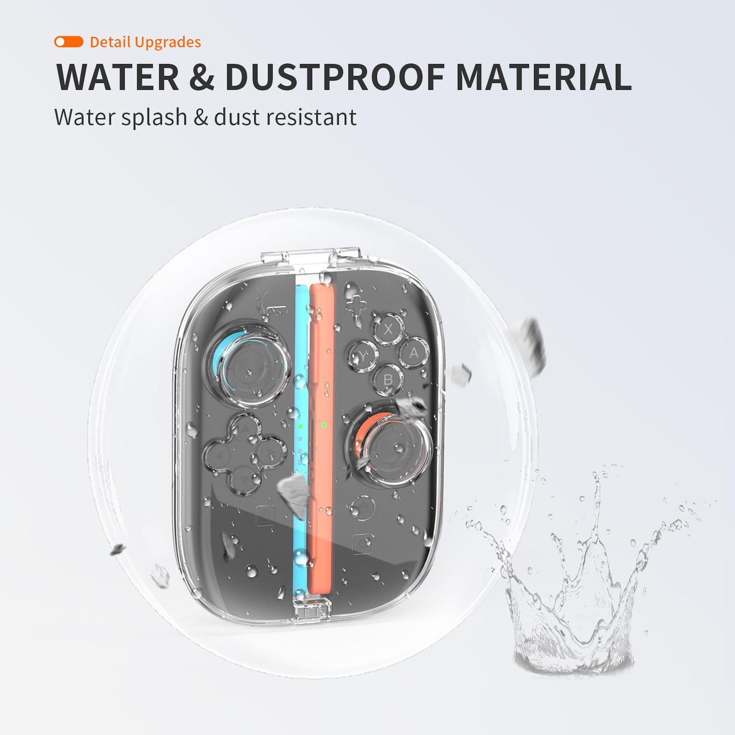 Un mando de juego dentro de una funda transparente resistente al agua, con gotas y salpicaduras de agua. El texto dice 'Material resistente al agua y al polvo'.