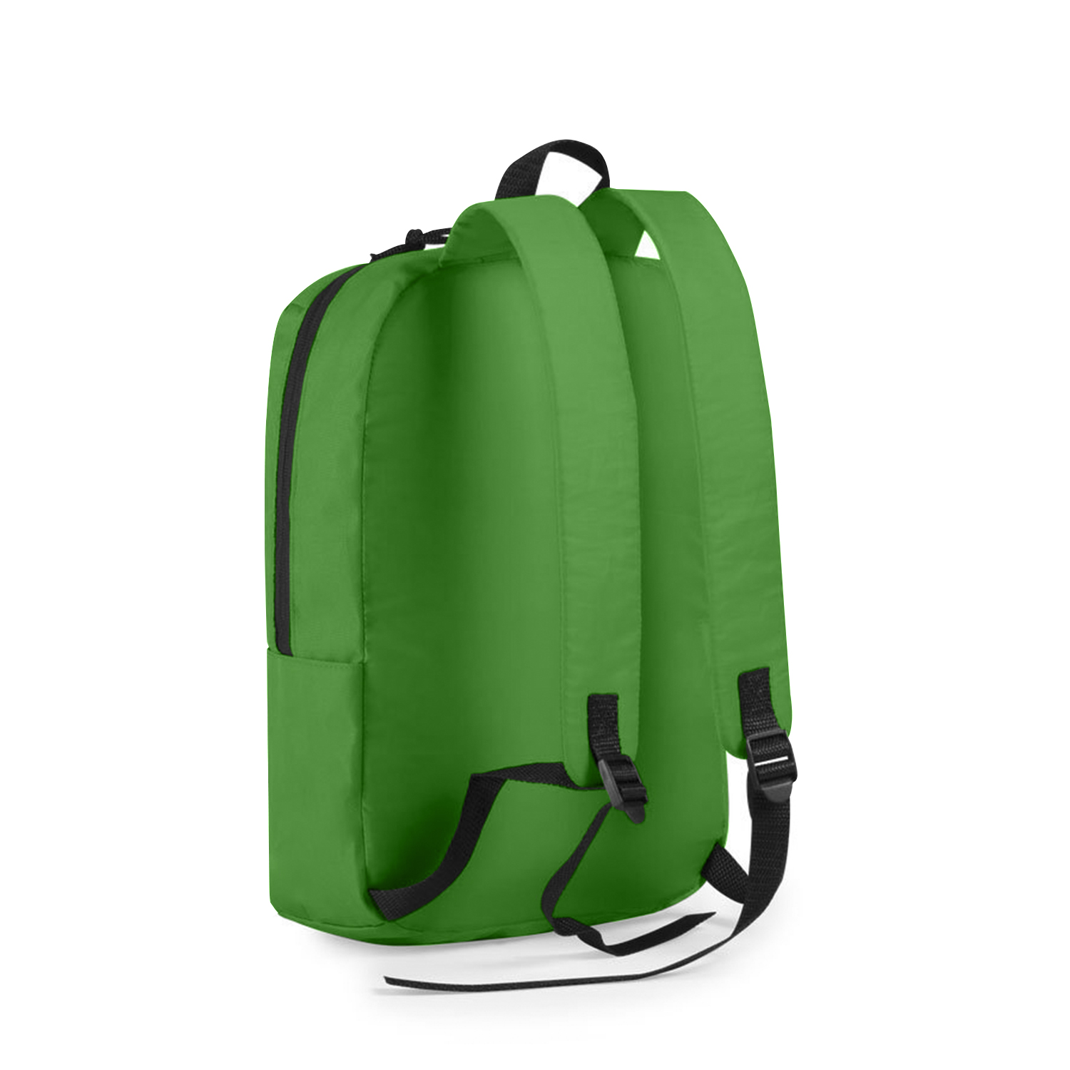 Uno zaino verde con cinghie e cerniera nere. La borsa è su sfondo bianco, vista da dietro e di lato.