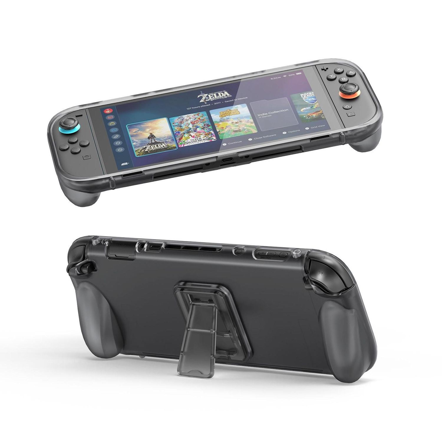 Eine Nintendo Switch-Konsole mit transparentem Schutzgehäuse. Der Bildschirm zeigt Spielsymbole. Die Unterseite zeigt die Rückseite mit einem Ständer.