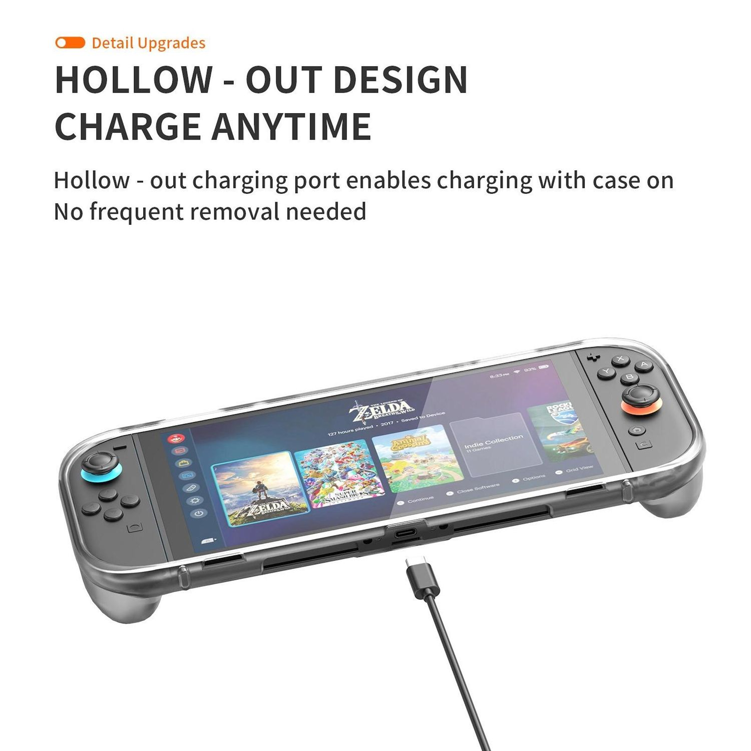 Eine Switch-Konsole in einer durchsichtigen Hülle ist zu sehen. Der Bildschirm zeigt Spieltitel an. Ein Ladekabel ist unten eingesteckt.