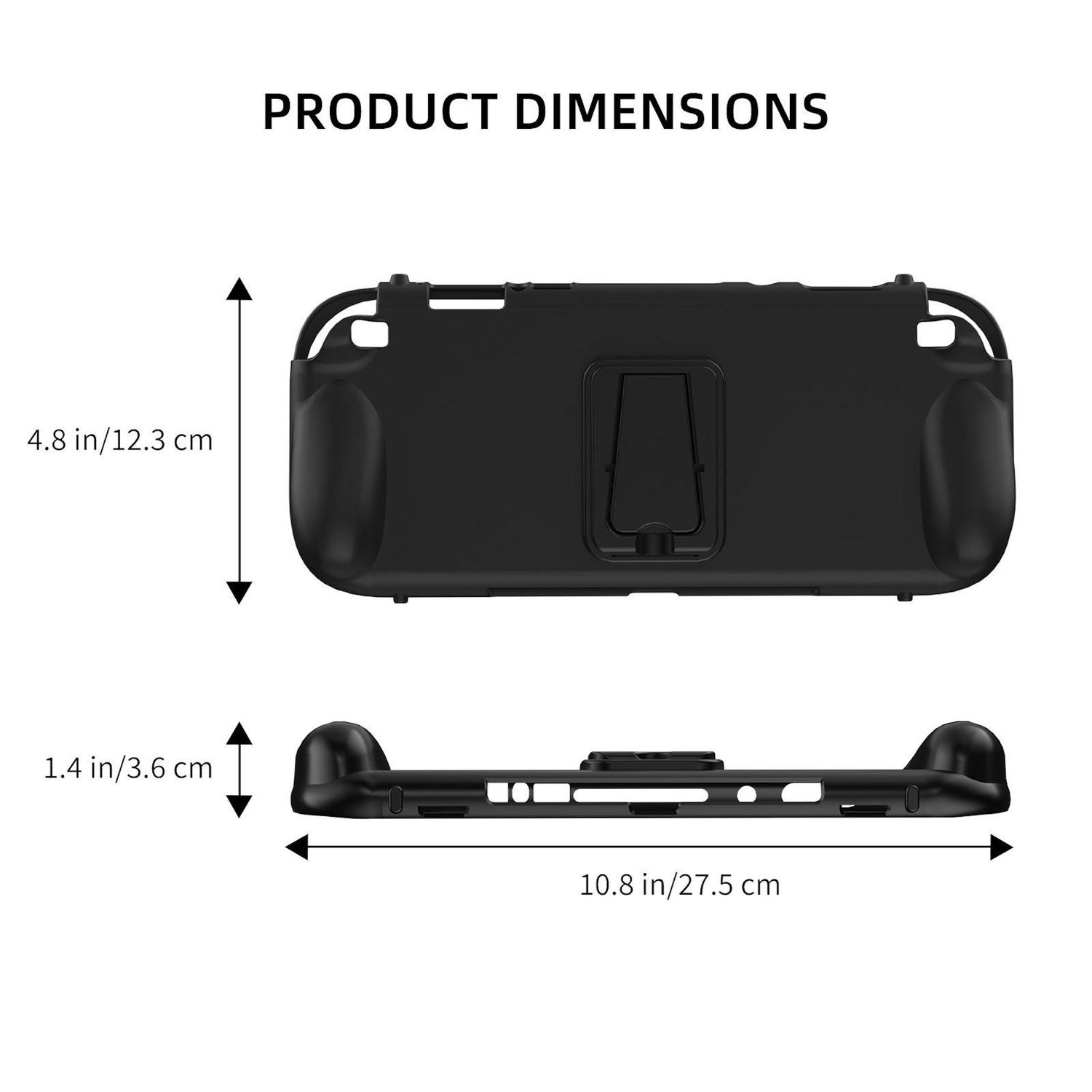 Schwarzes Produkt mit den Maßen: 10,8 Zoll/27,5 cm lang, 4,8 Zoll/12,3 cm hoch und 1,4 Zoll/3,6 cm dick. Text: PRODUKTABMESSUNGEN.