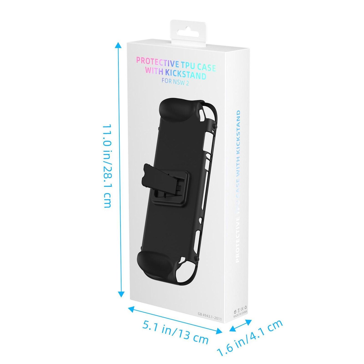 Eine weiße Schachtel mit einer schwarzen Hülle. Auf der Schachtel steht 'Protective TPU case with kickstand for NSW 2'.