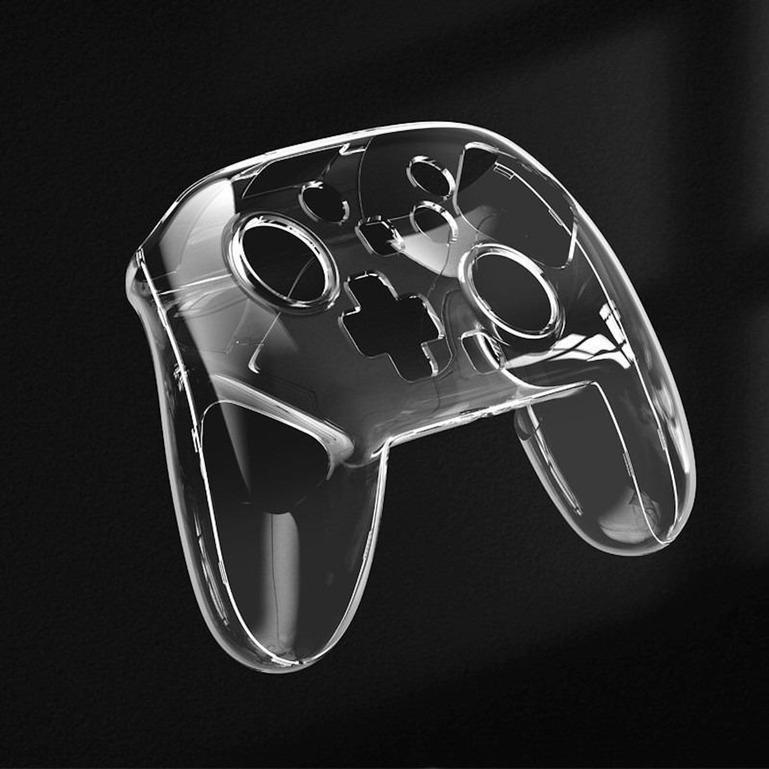 Una funda transparente de plástico para controlador. Tiene orificios para botones y una cruceta en forma de cruz. El fondo es negro.