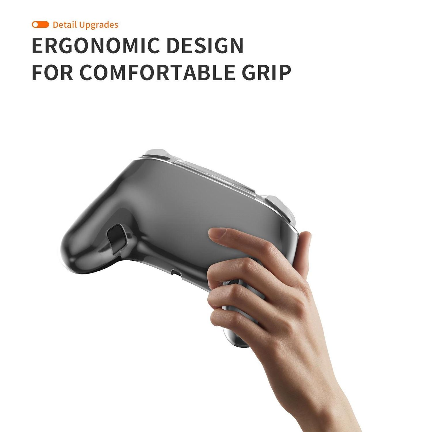 Una mano sostiene un gamepad gris. El texto dice: 'Diseño ergonómico para un agarre cómodo'.