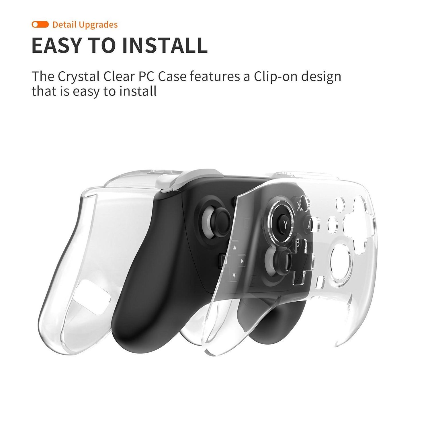 Se muestra una carcasa de PC transparente instalada en un mando de juegos negro. La carcasa se describe como fácil de instalar.