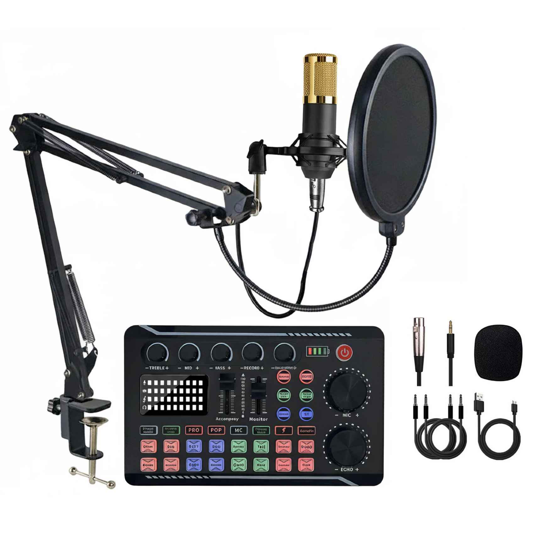 Komplettes Aufnahmestudio. Enthält Mikrofon, Pop-Filter, Audiomixer, Kabel und einen Mikrofonständer.