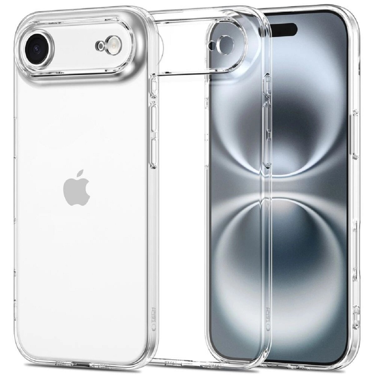 Transparente Handyhülle und Telefon. Hülle hat Kameraausschnitte. Telefon zeigt Display. Apple-Logo sichtbar.