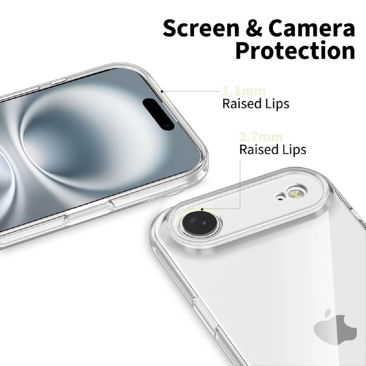 Transparente Handyhüllen mit Bildschirmschutz und Kameraschutz. Details: erhöhte Ränder: 1,1 mm und 2,7 mm. Apple-Logo sichtbar.