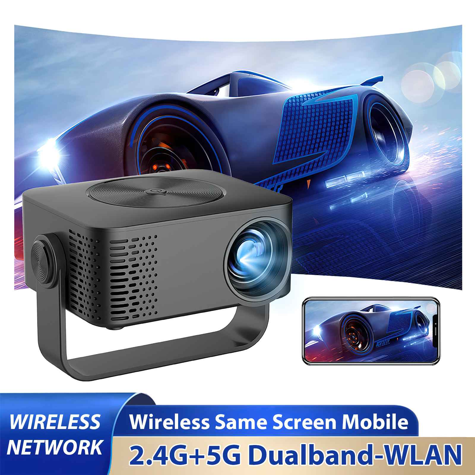 Ein schwarzer Projektor mit einem Auto, das auf einer Leinwand projiziert wird. Ein Telefon zeigt dasselbe Auto. Text: drahtloses Netzwerk, 2.4G+5G.