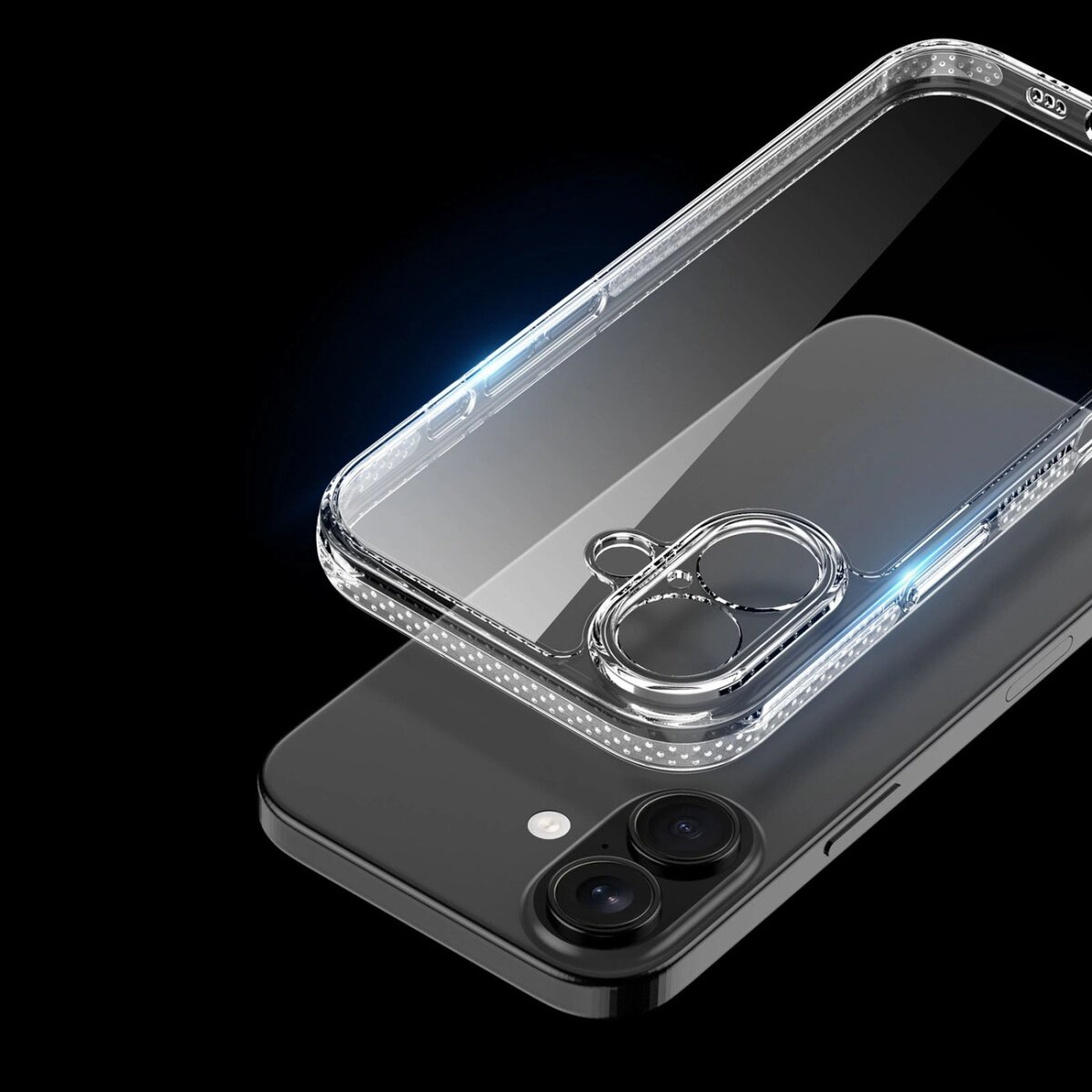 Eine transparente Handyhülle liegt auf einem schwarzen Telefon. Die Hülle ist transparent mit einem Ring um die Kamera. Der Hintergrund ist schwarz.