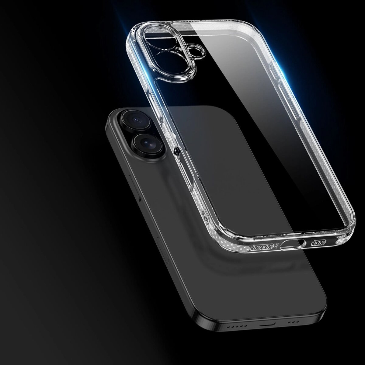 Eine transparente Handyhülle schwebt über einem schwarzen Telefon. Der Rahmen ist glänzend. Der Hintergrund ist schwarz.