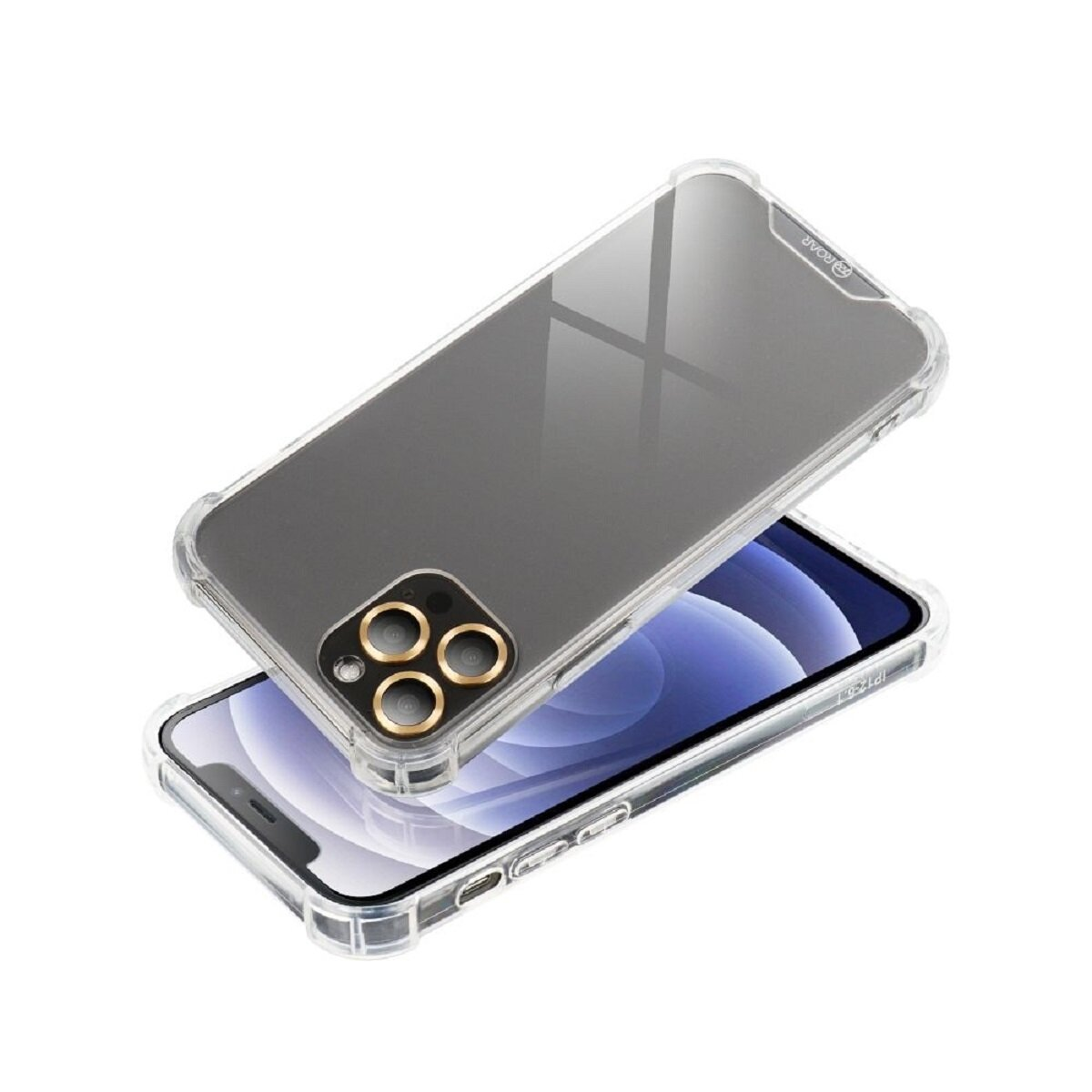 Eine klare Handyhülle mit transparentem Rücken, erhöhten Kanten und goldenem Kameraring. Die Hülle liegt auf einem Telefon.