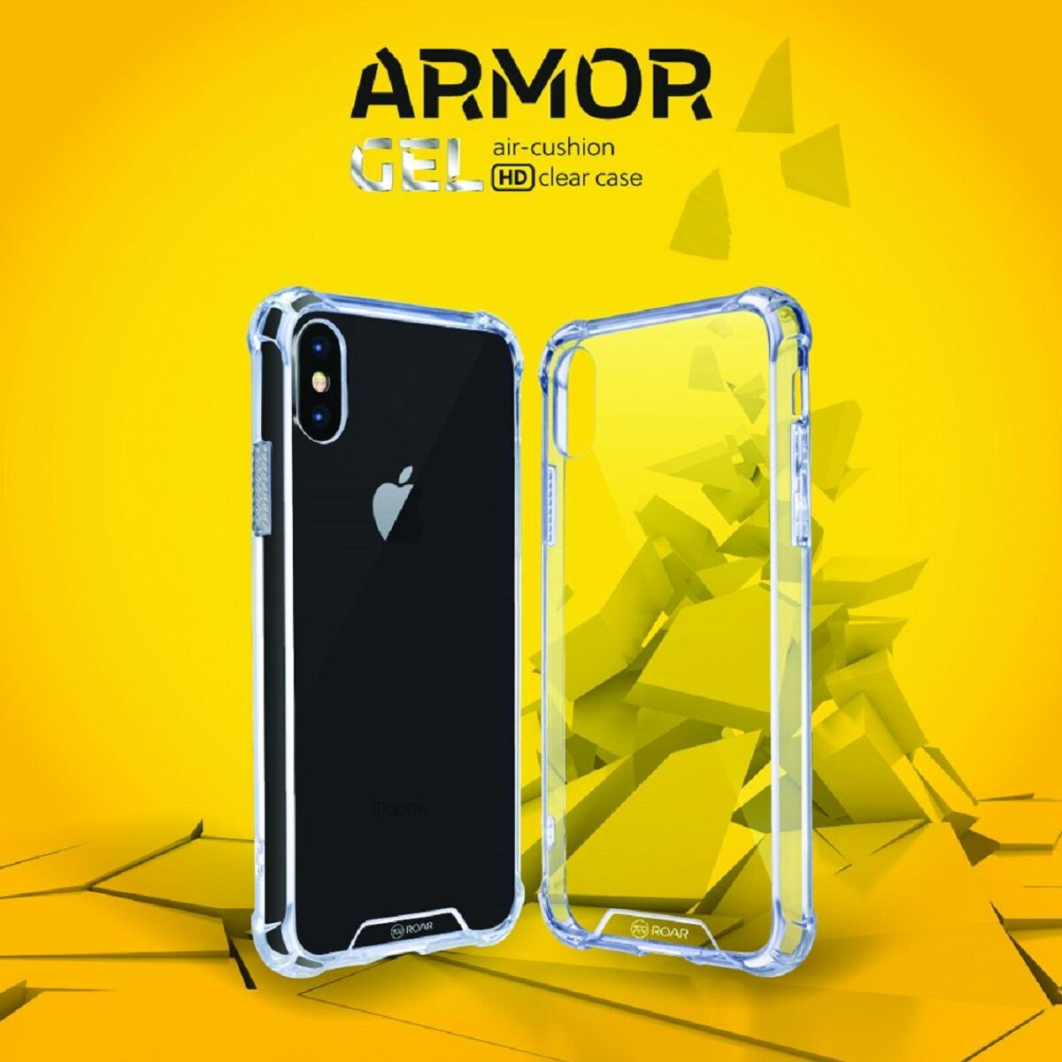 Das Bild zeigt ein iPhone in einer transparenten Hülle, zusammen mit einer leeren Hülle. Der Hintergrund ist gelb mit dem Text 'ARMOR GEL air-cushion HD clear case'.