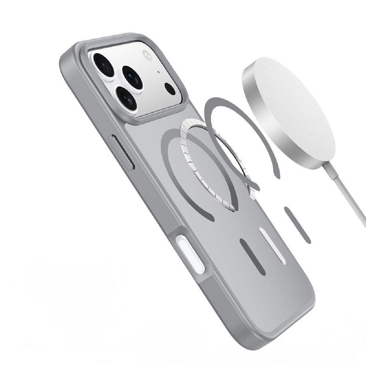 Graue Handyhülle mit weißem MagSafe-Ladegerät. Das Gehäuse hat eine klare Rückseite, Kameralinsen sichtbar und Magnetring.