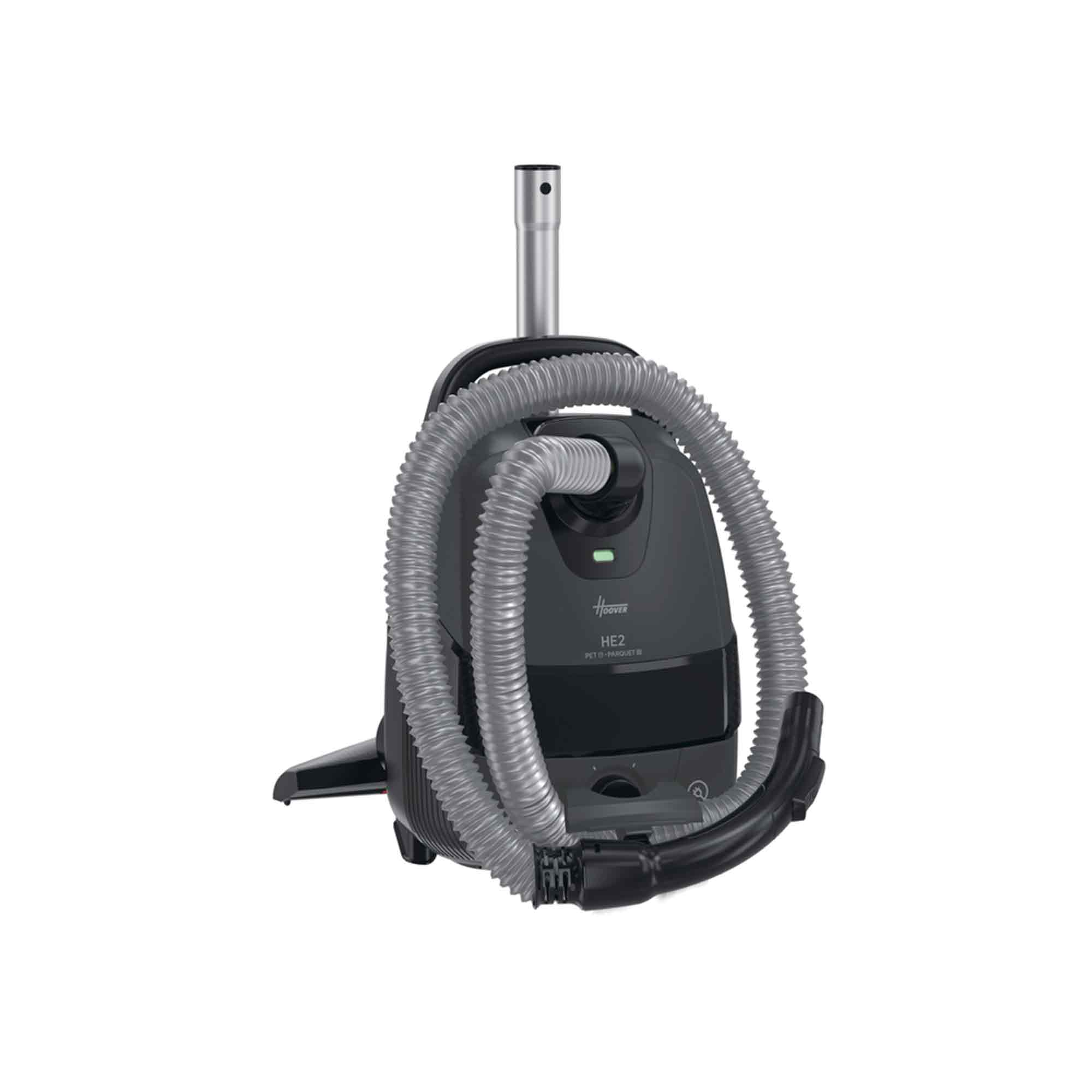 Ein grauer Hoover-Staubsauger mit einem Schlauch, der darum gewickelt ist. Der Staubsauger ist schwarz und grau.