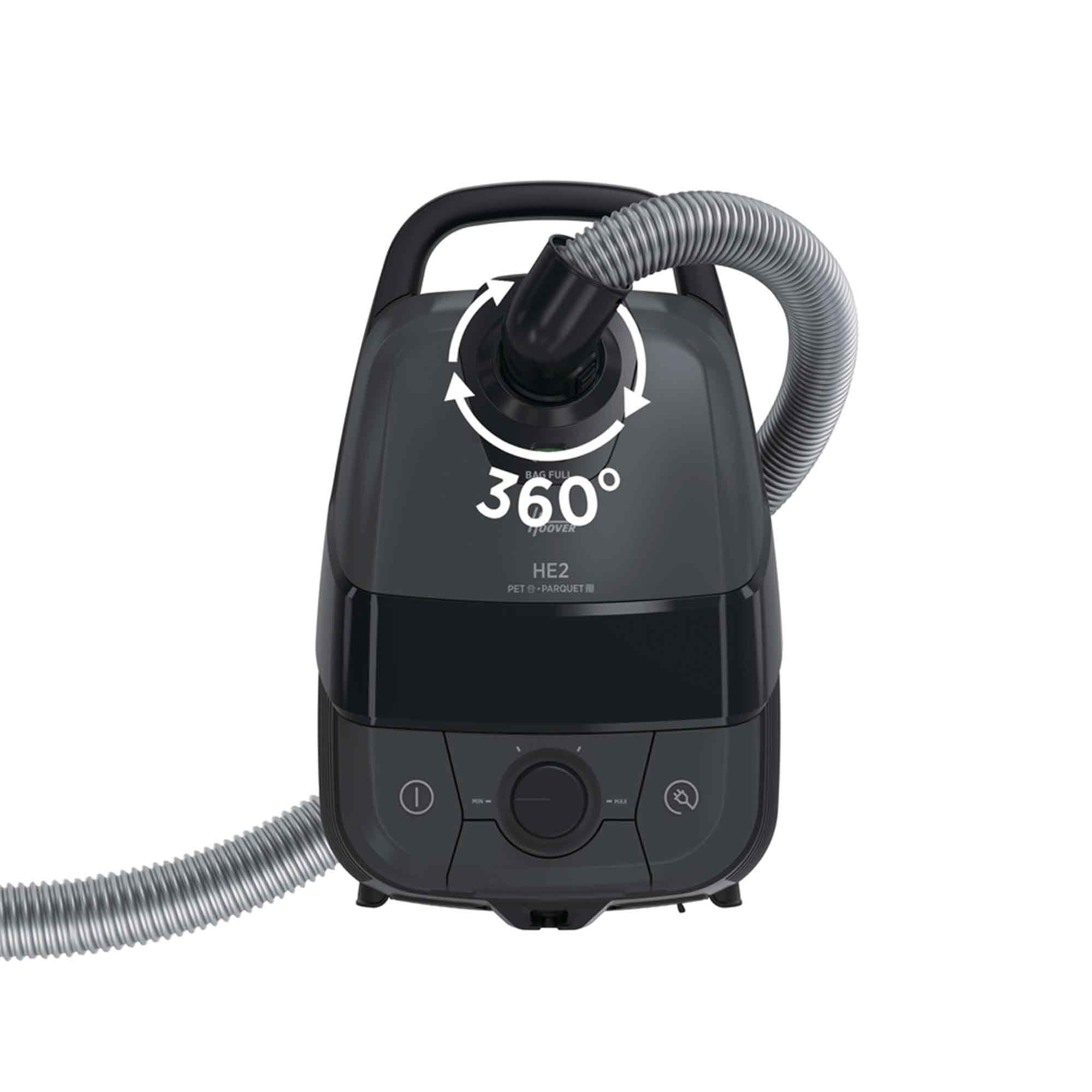 Ein dunkelgrauer Hoover-Staubsauger mit einem um 360 Grad drehbaren Schlauch. Er hat einen Griff und Bedienknöpfe.