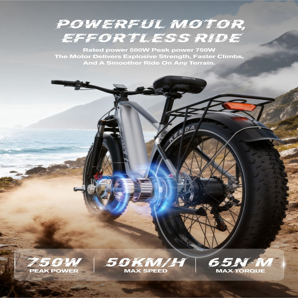 Una e-bike su uno sterrato con sfondo spiaggia, il testo dice 'Motore potente, guida senza sforzo', '750W potenza massima'.