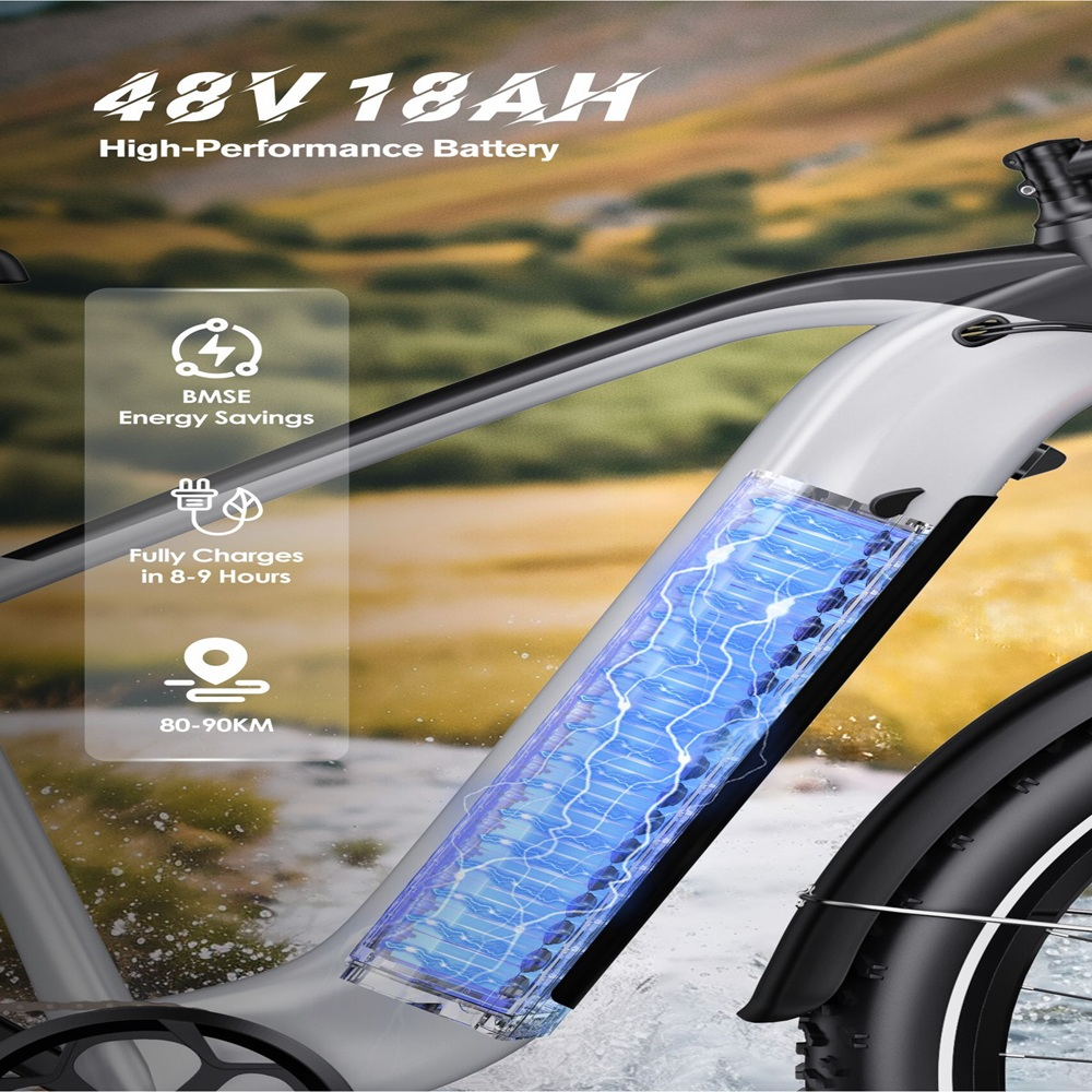E-bike con batteria in evidenza. Dettagli: 48V 18AH, risparmio energetico BMSE e tempo di ricarica di 8-9 ore.