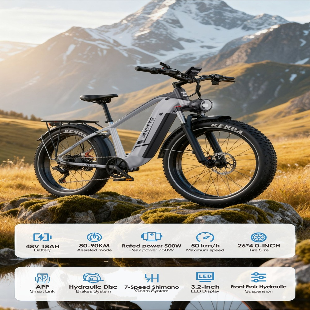 Una bicicletta elettrica con pneumatici neri e telaio bianco sullo sfondo di una montagna. I dettagli includono statistiche sulla batteria e sulla velocità.