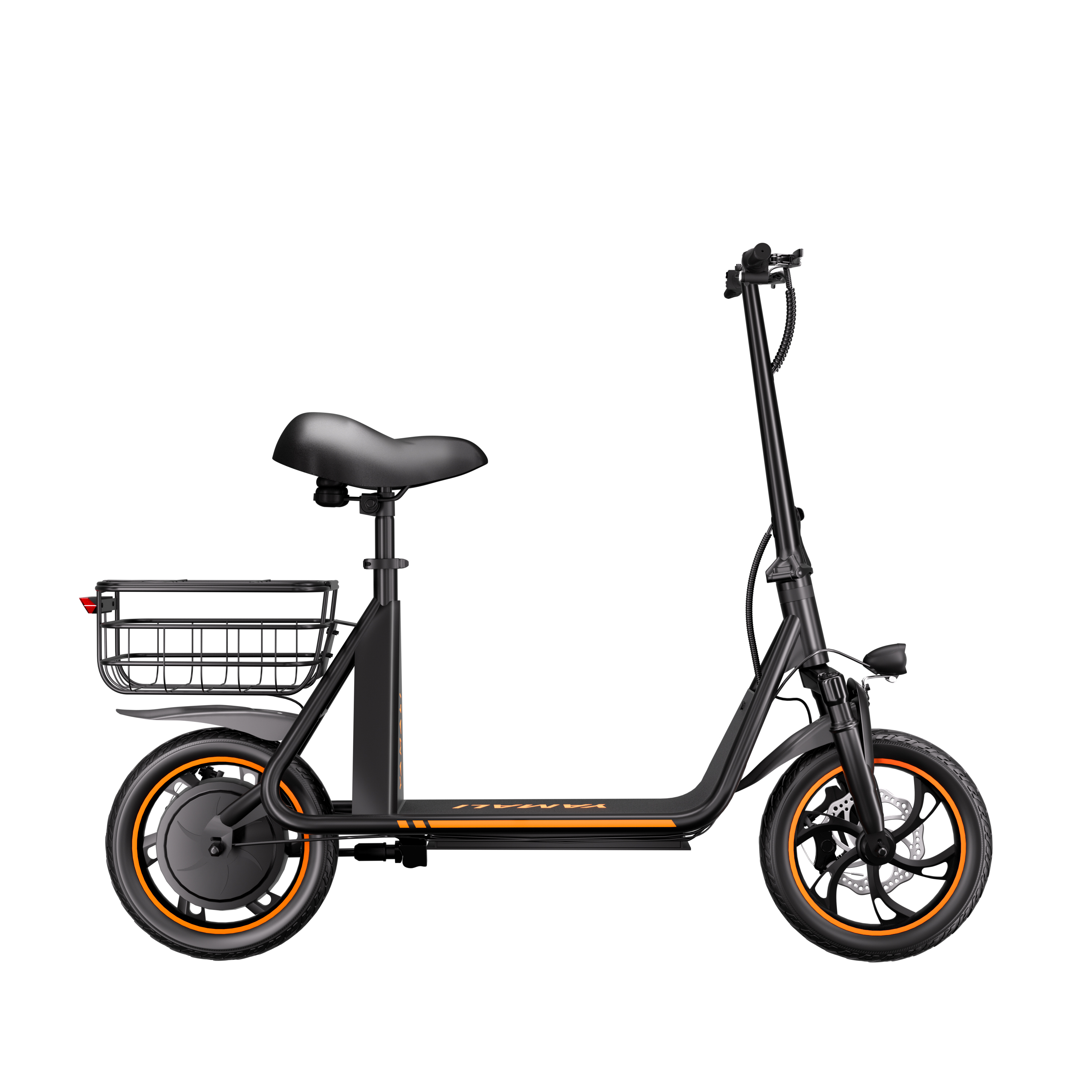 Czarna hulajnoga elektryczna z pomarańczowymi akcentami, siedzeniem, koszem i białym tłem.
