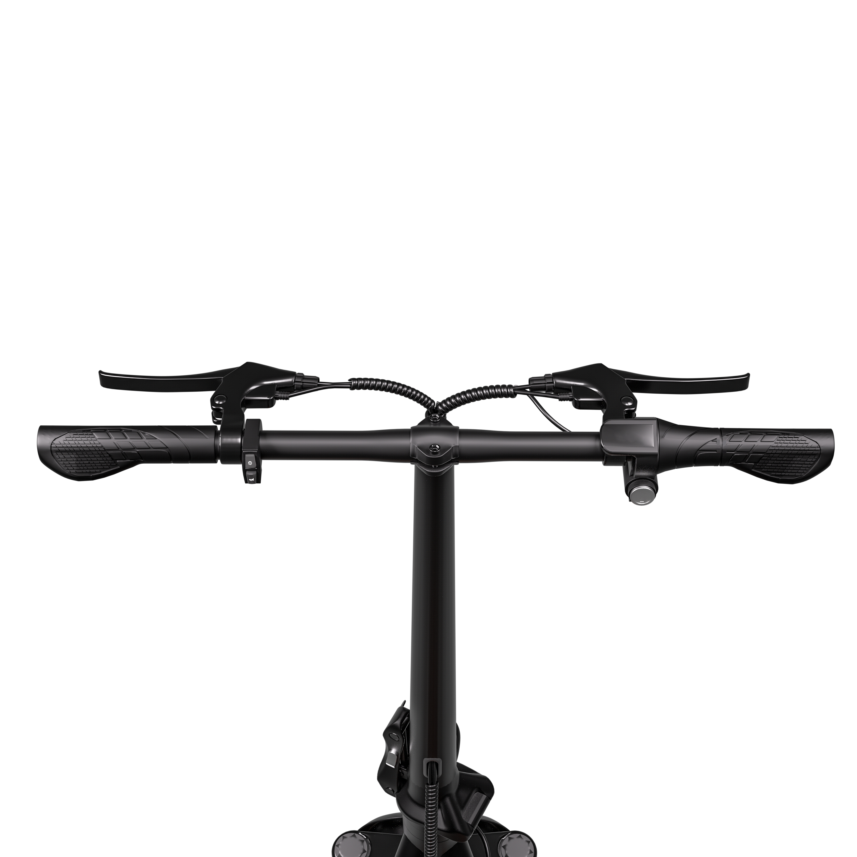 Zbliżenie czarnej kierownicy skutera, z dźwigniami hamulca, uchwytami i centralną kolumną, wszystko na białym tle.