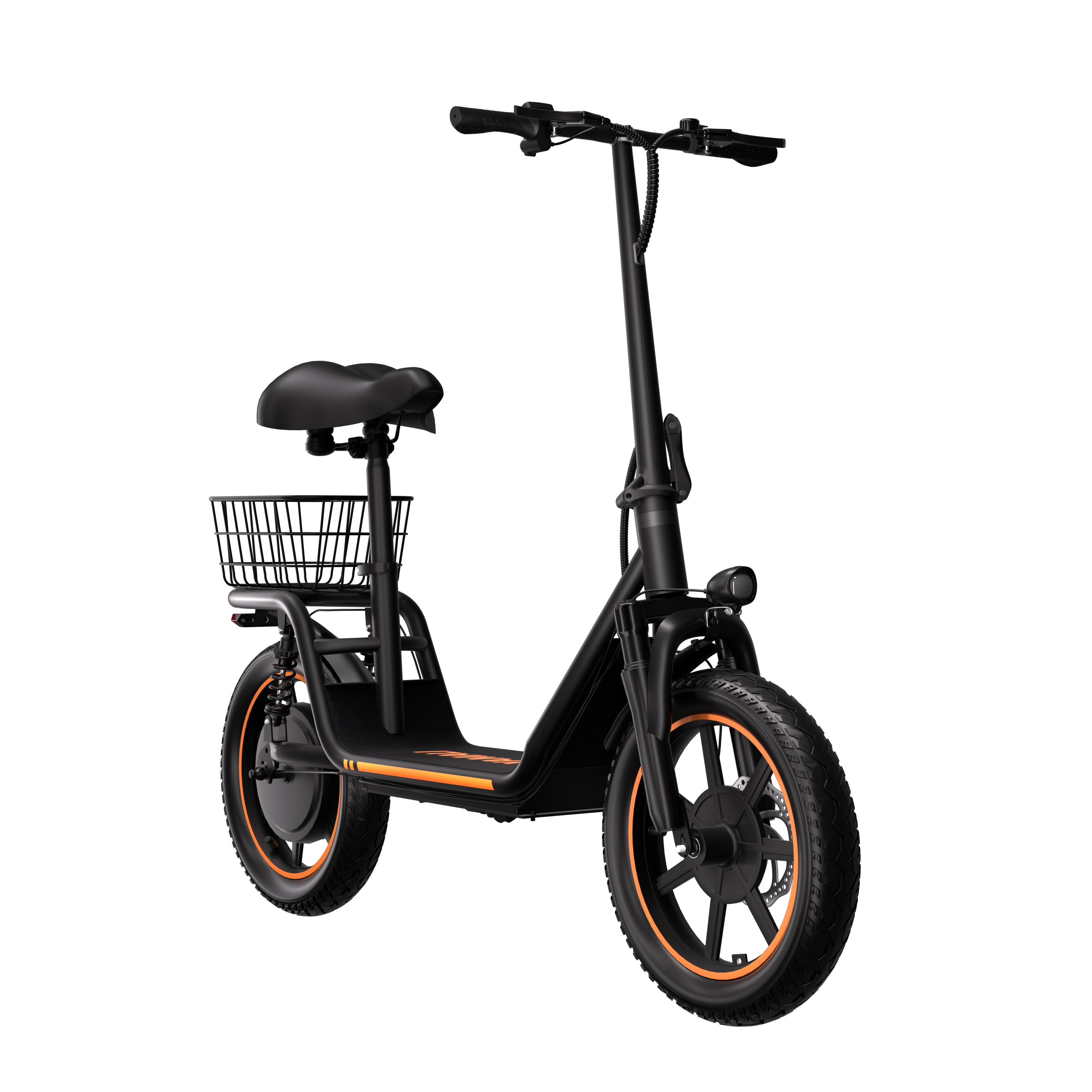 Czarna hulajnoga elektryczna z pomarańczowymi akcentami. Posiada siedzenie, koszyk i duże koła. Izolowana na białym tle.