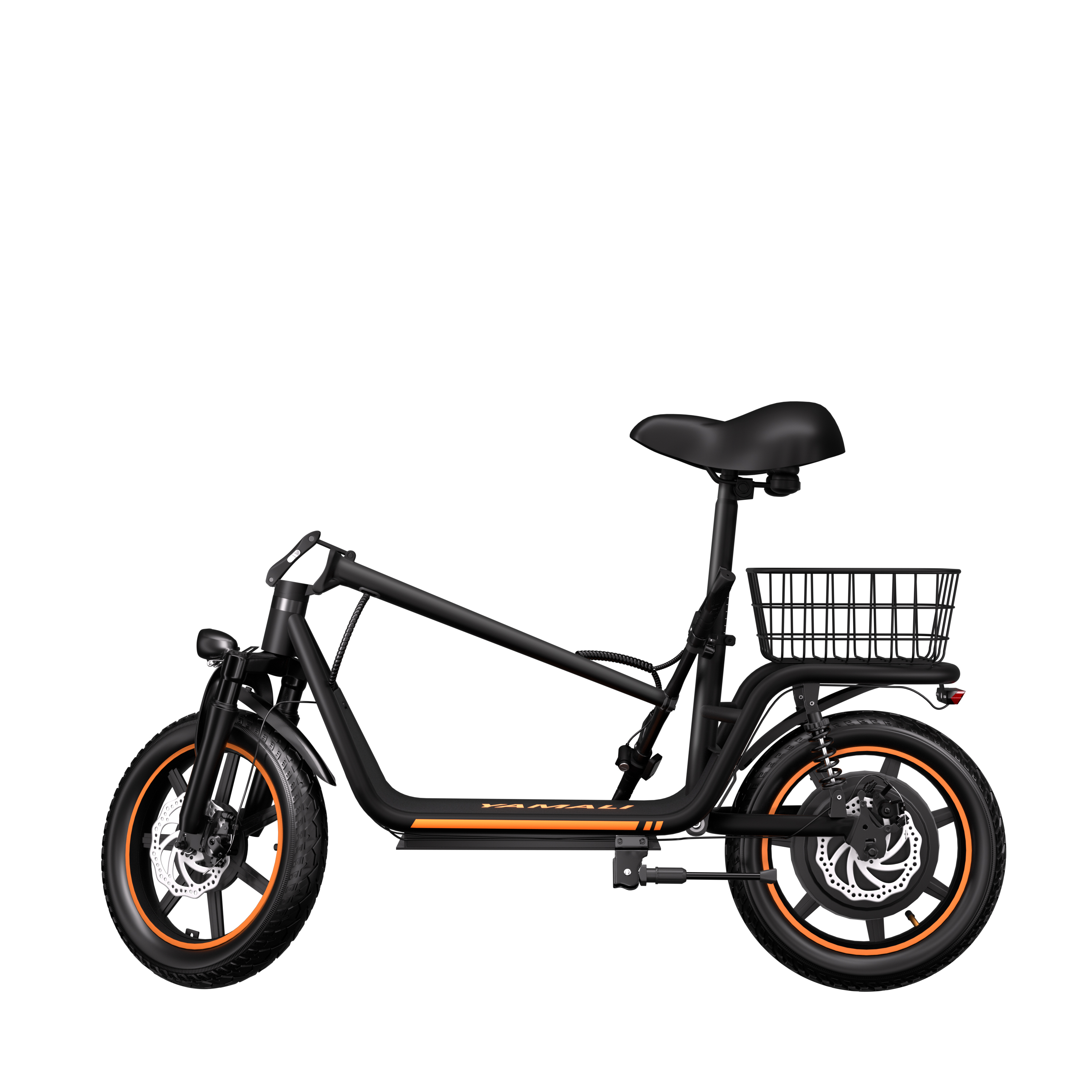 Czarna hulajnoga elektryczna z pomarańczowymi akcentami, czarnym siedzeniem i koszem. Ma przednie i tylne światło.