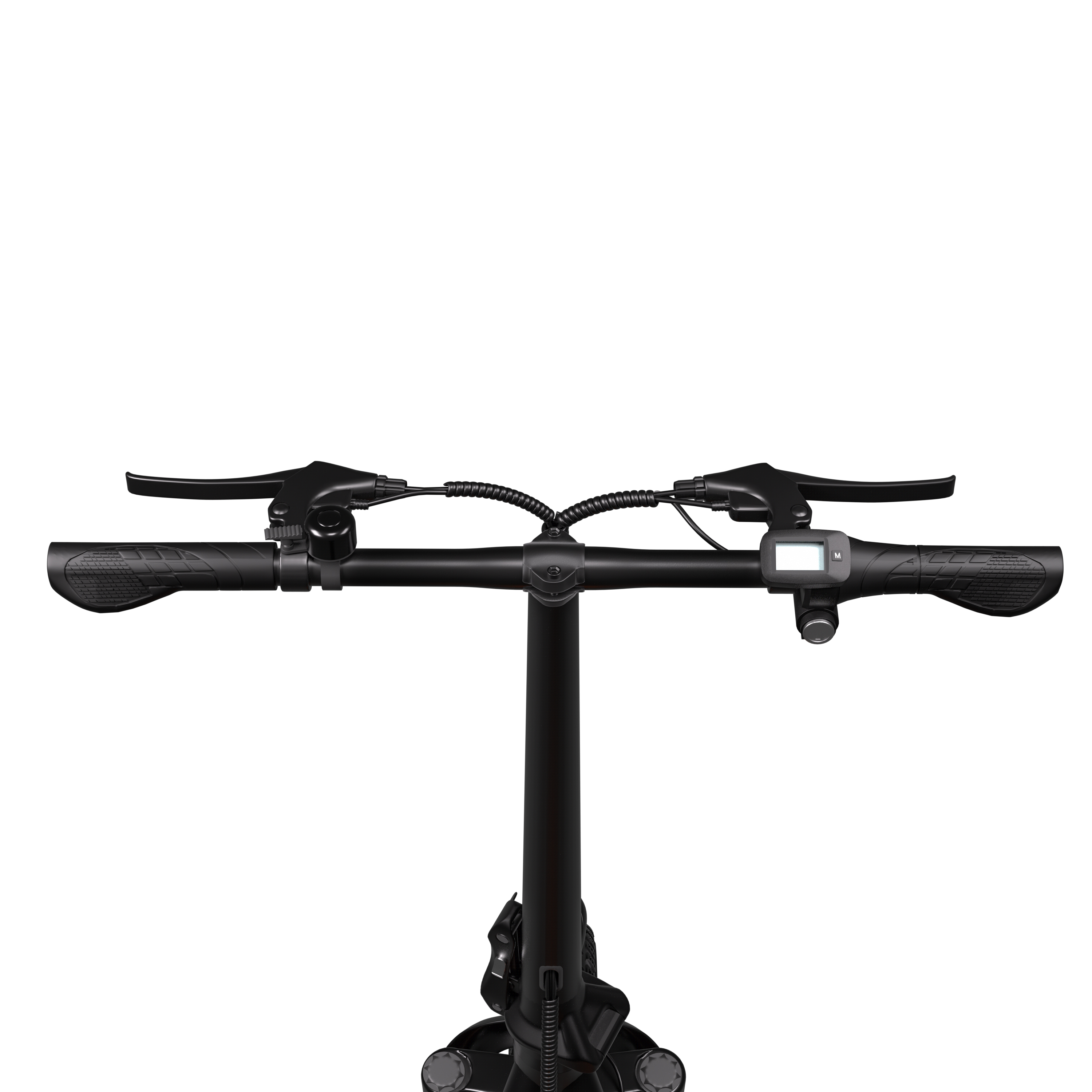 Czarna kierownica skutera elektrycznego na białym tle. Zawiera uchwyty, dźwignie, wyświetlacz i okablowanie.