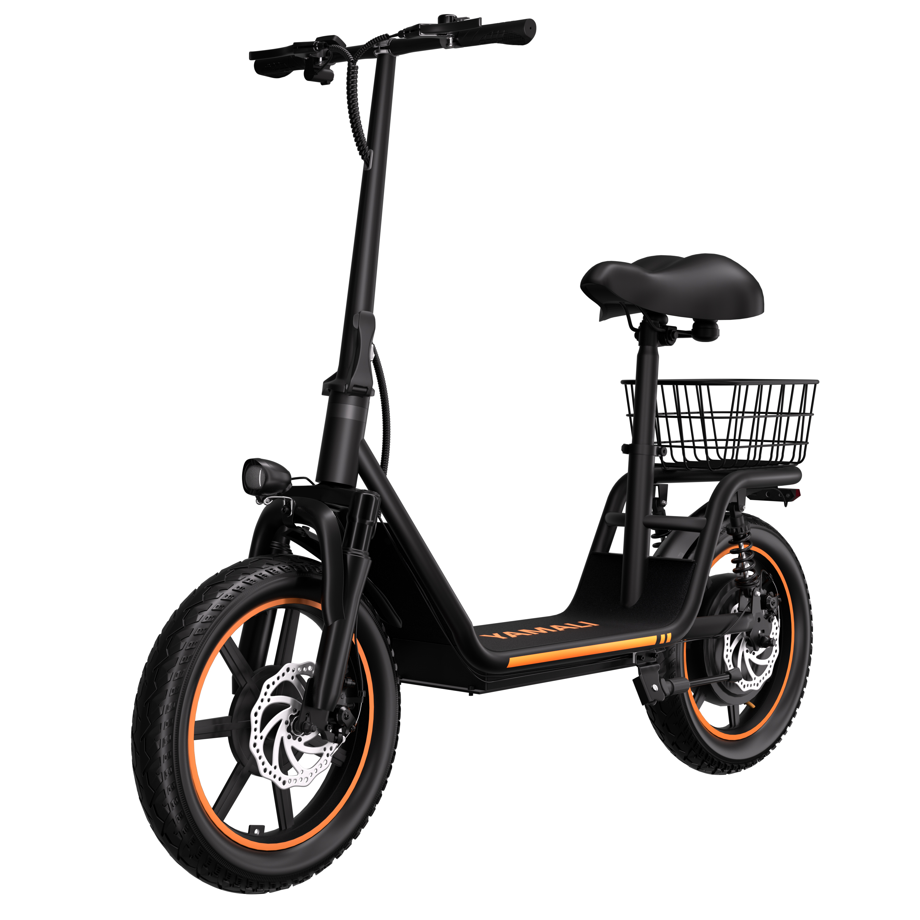 Czarna hulajnoga elektryczna z pomarańczowymi akcentami. Posiada siedzenie, kosz i reflektory. Opony są czarne z pomarańczowymi felgami.