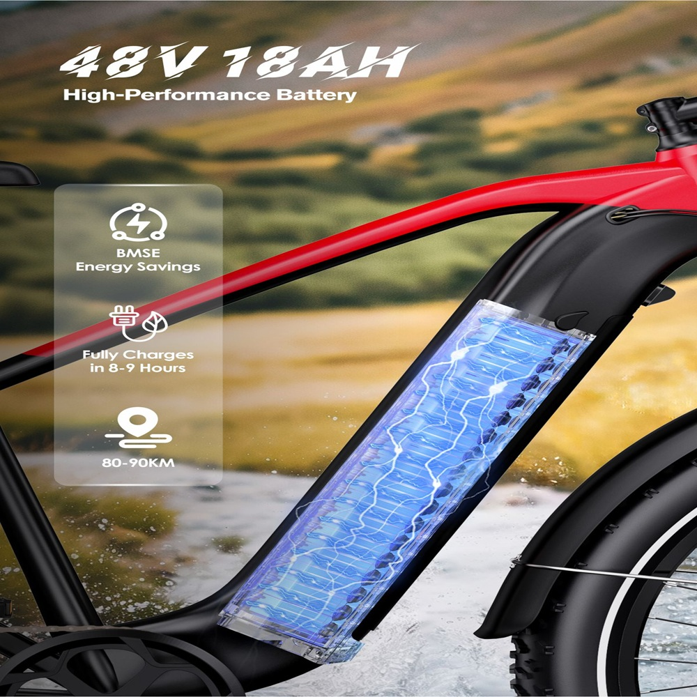 E-bike con batteria prominente. Dettagli: 48V 18AH, risparmio energetico BMSE, carica in 8-9 ore e autonomia 80-90KM.