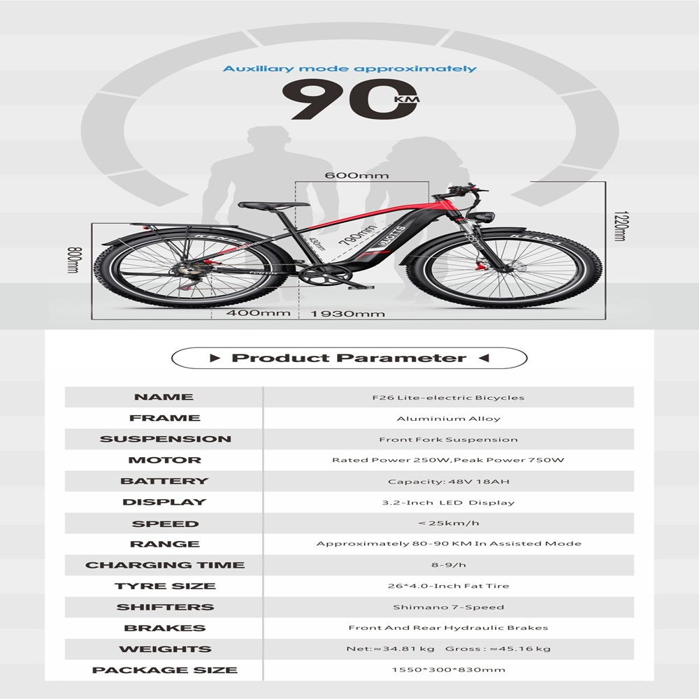 Ein Elektrofahrrad mit Spezifikationen. Abmessungen, Reichweite und technische Details werden angezeigt.