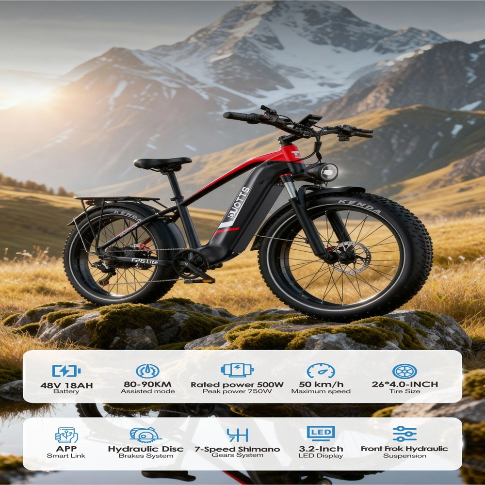 Una bicicletta elettrica dal design nero e rosso, sullo sfondo di una montagna. Caratteristiche: pneumatici larghi, display a LED e specifiche.