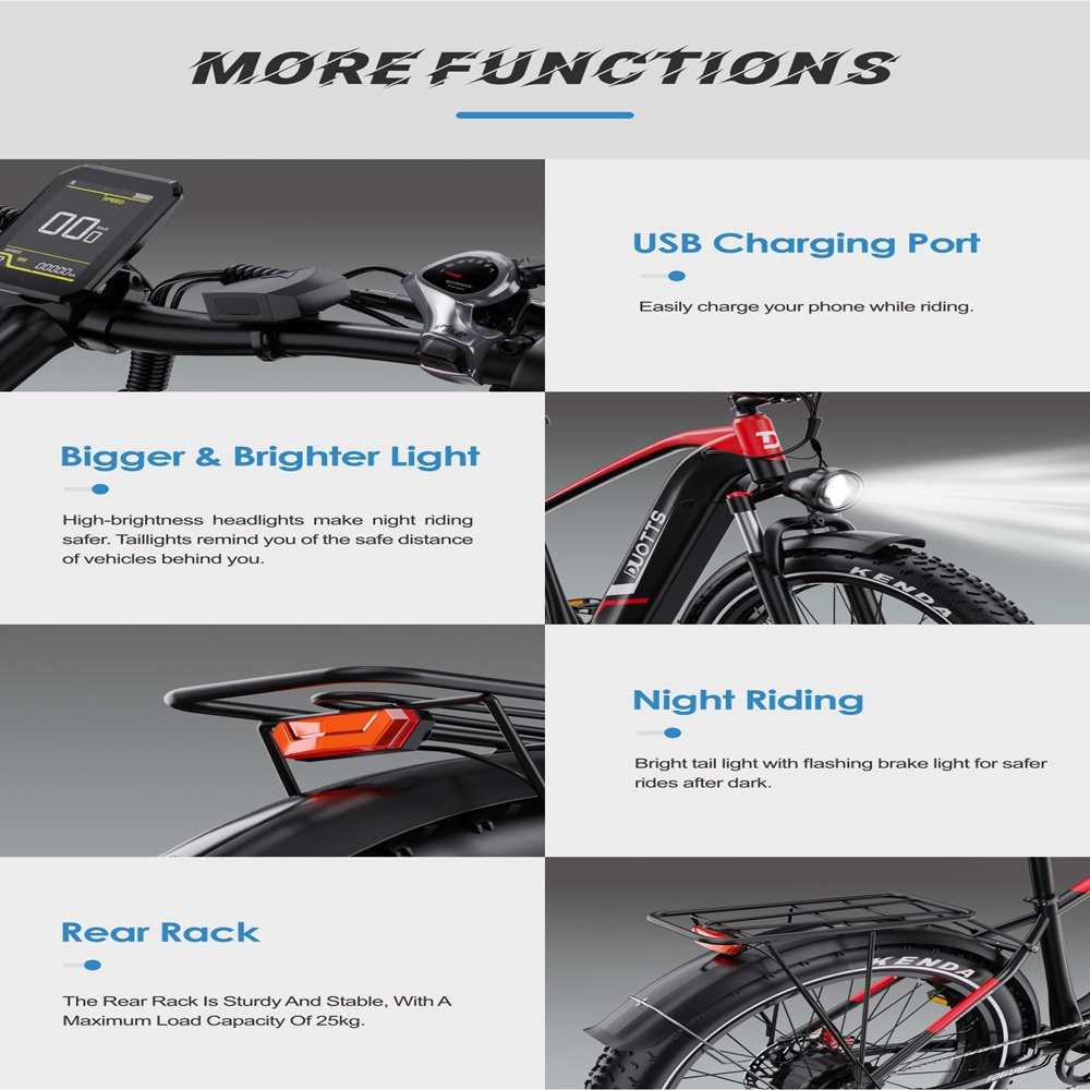 Annuncio di una bici elettrica con funzioni come ricarica USB, luci luminose e portapacchi. Il testo evidenzia queste funzioni.